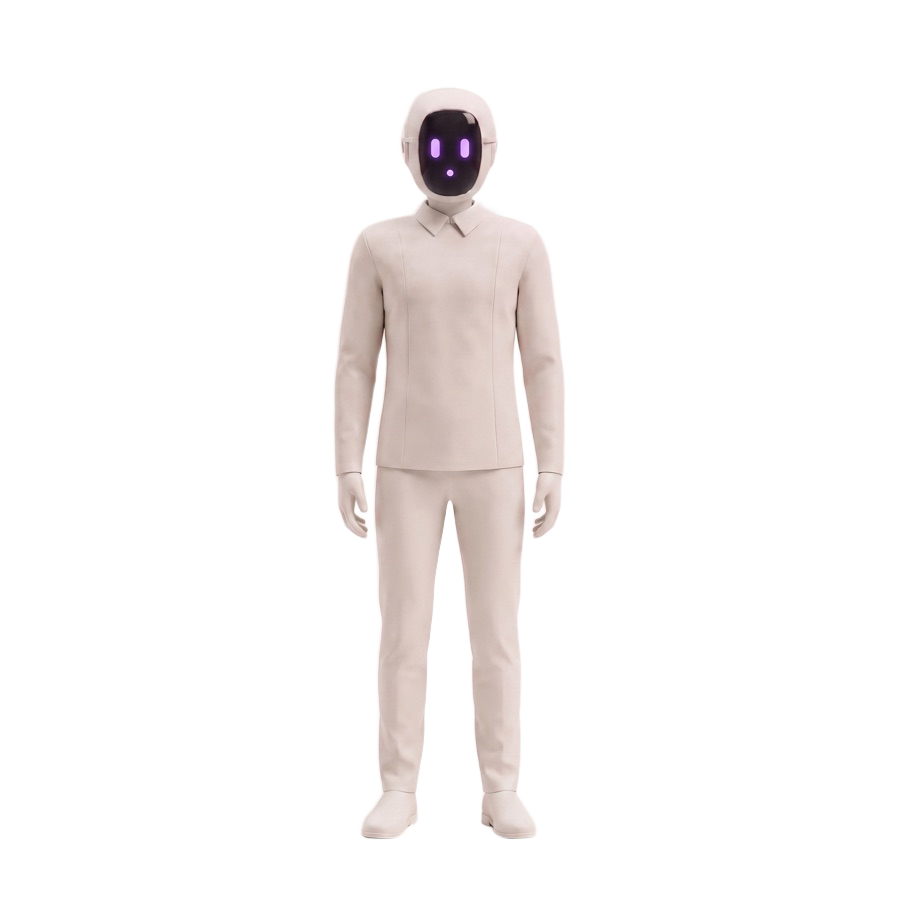 The Chief of Staff operator agent, a bone-white humanoid robot standing full length with a glowing gradient face screen.