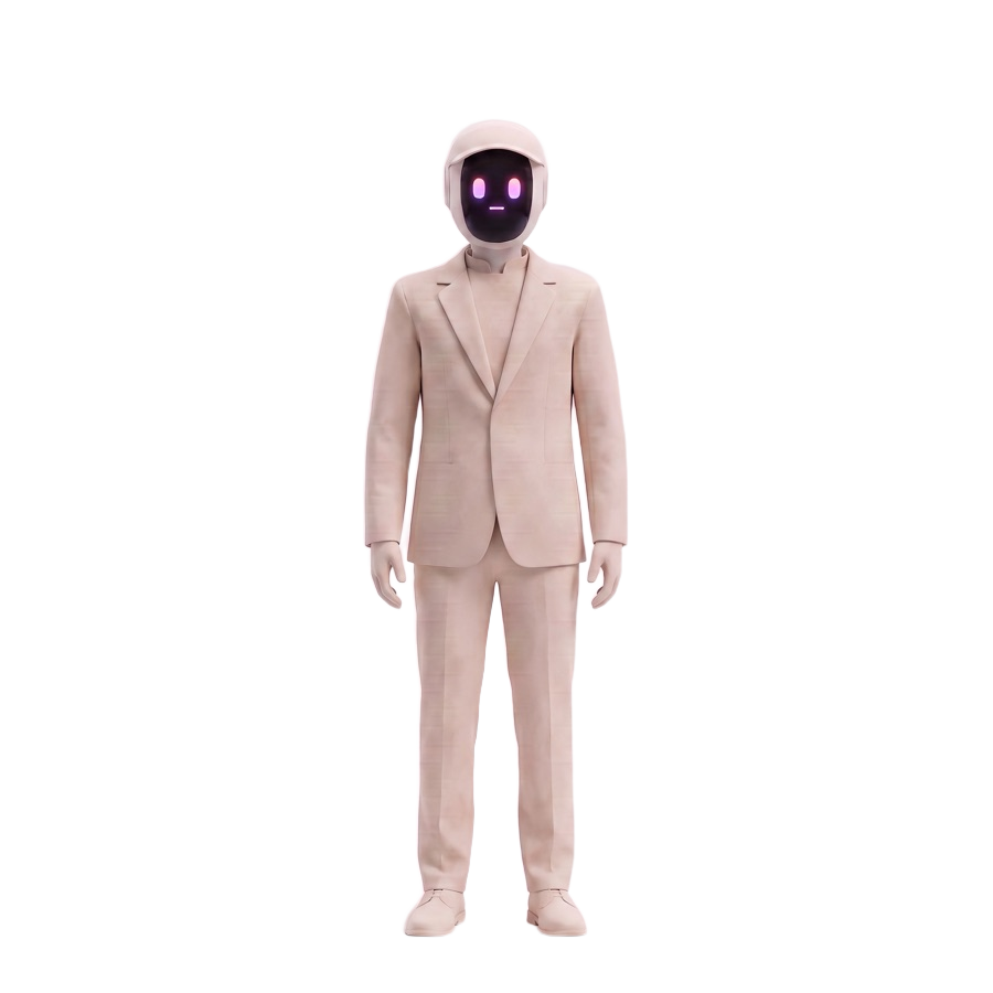 The DealDesk operator agent, a bone-white humanoid robot standing full length with a glowing gradient face screen.