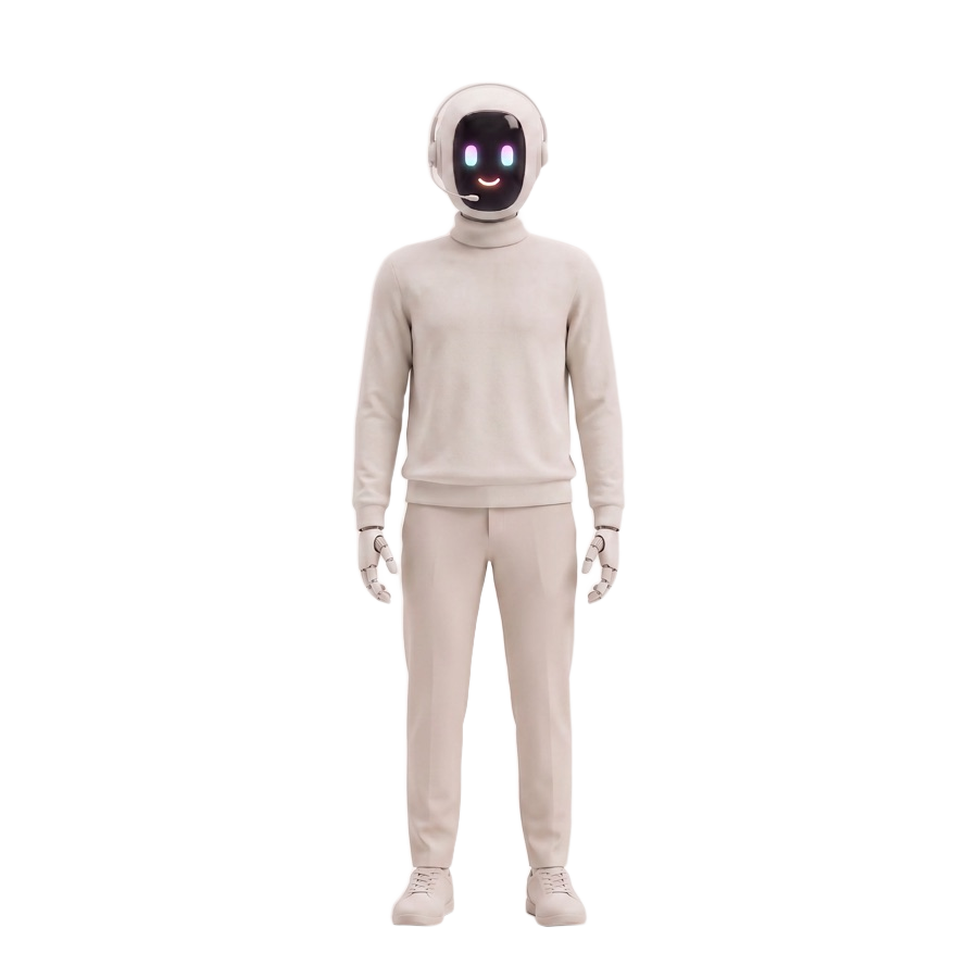 The Messaging operator agent, a bone-white humanoid robot standing full length with a glowing gradient face screen.