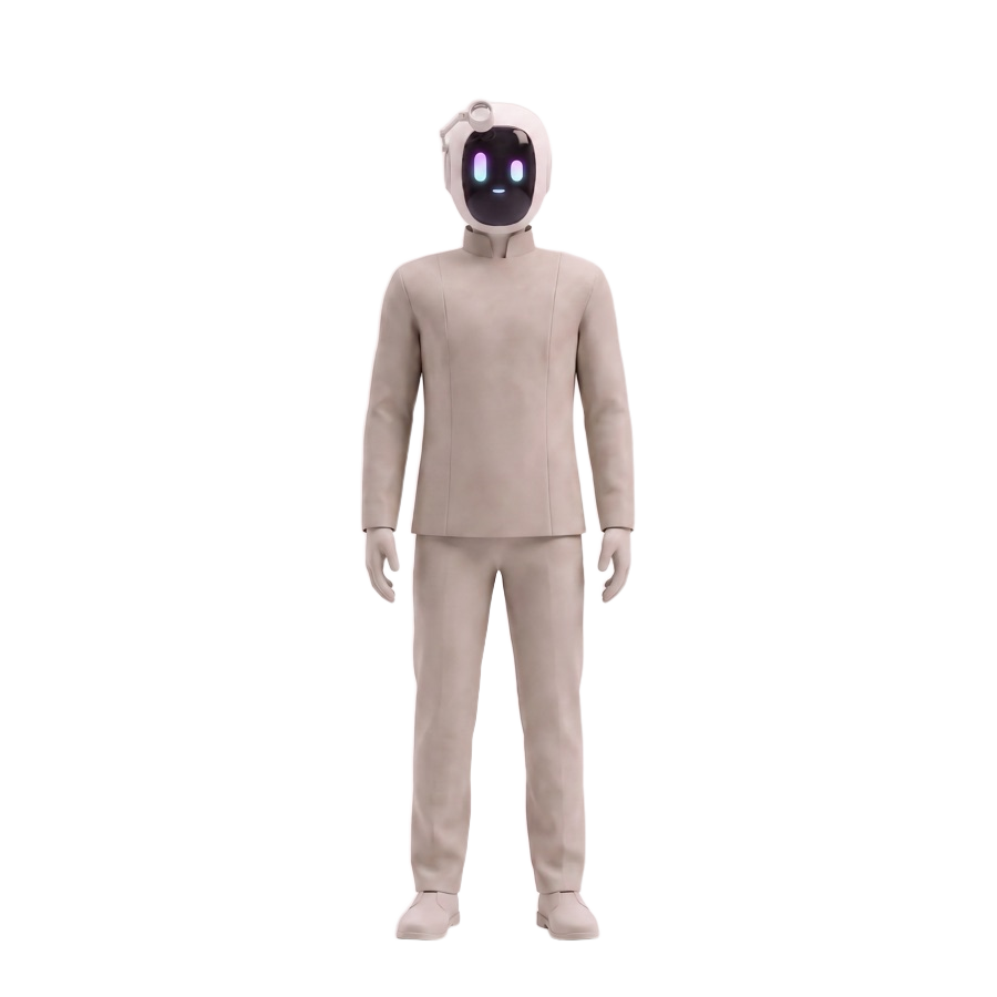 The Research operator agent, a bone-white humanoid robot standing full length with a glowing gradient face screen.