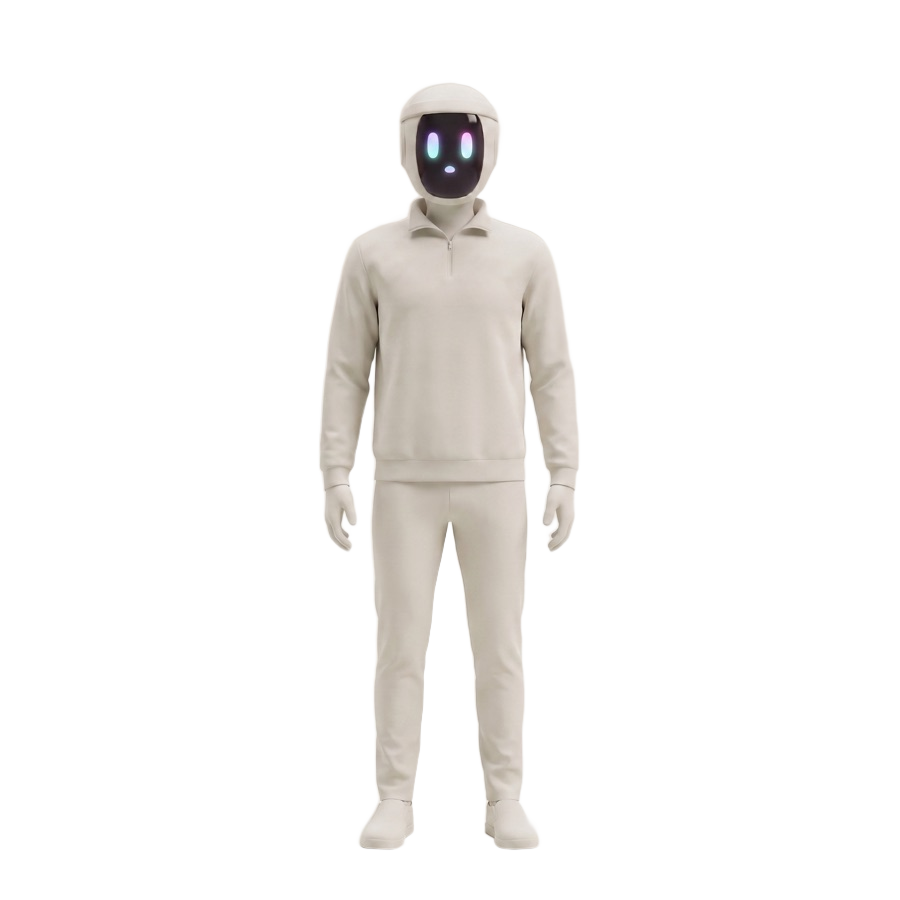 The SDR Assistant operator agent, a bone-white humanoid robot standing full length with a glowing gradient face screen.