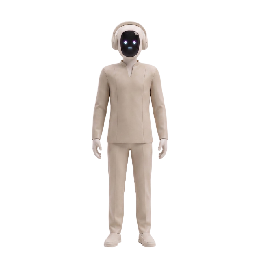 The Signals operator agent, a bone-white humanoid robot standing full length with a glowing gradient face screen.