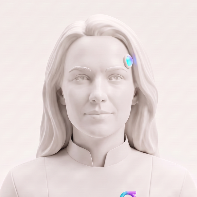 Alex Rivera's twin, a bone-white sculpted bust with a glowing temple node.