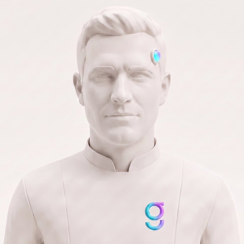 The same person as a graph8 twin: a bone-white sculpted bust with a glowing temple node and the g mark on the chest.