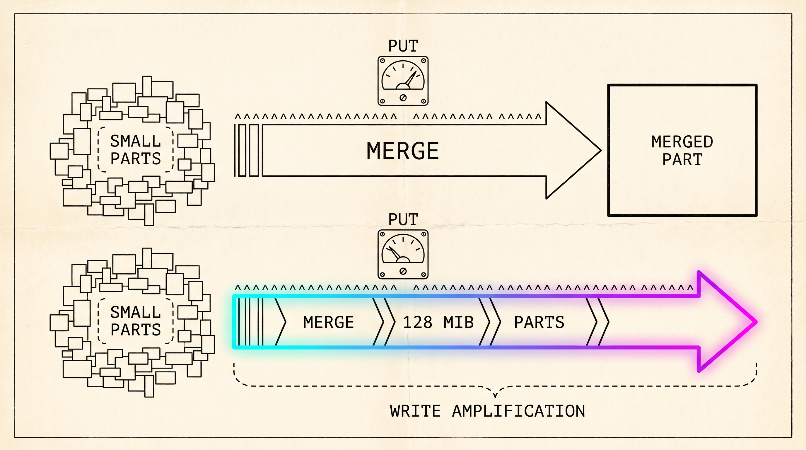 Technical schematic: two rows of a merge. In the upper row many small parts merge under a PUT meter reading high. In the lower row the same merge is split into 128 MiB parts under a meter reading low. A bracket across both rows reads write amplification.