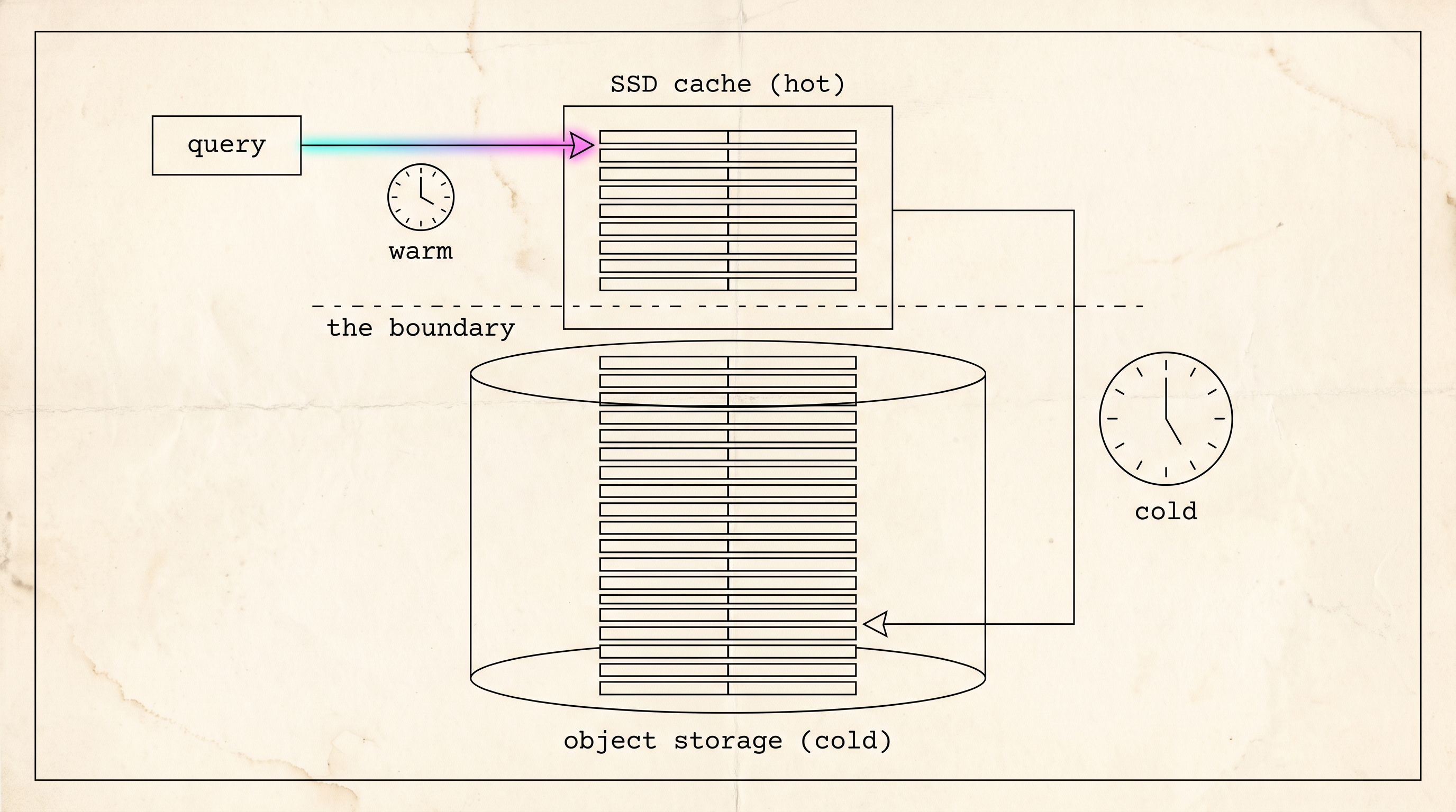 A tall search index drawn as stacked slabs, the top slabs inside a box labelled SSD cache (hot) and the rest inside a cylinder labelled object storage (cold), a dashed line labelled the boundary between them, a query arrow into the hot part with a small clock labelled warm and a second arrow reaching into the cylinder with a larger clock labelled cold.