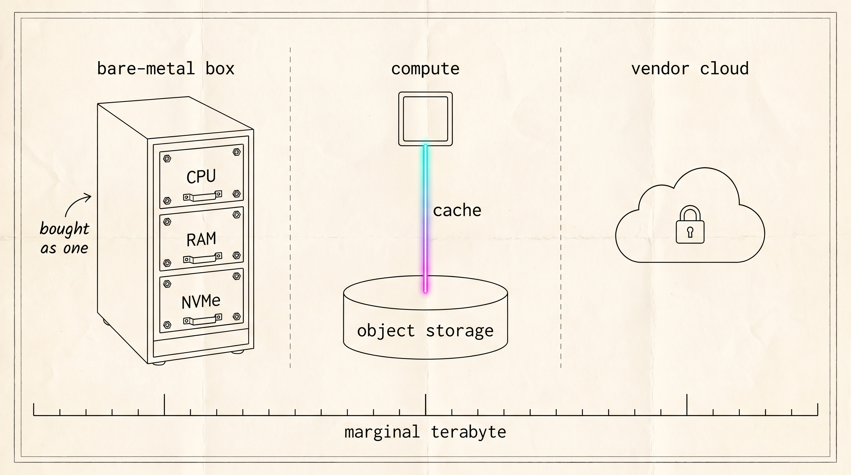 Technical schematic: three stacked blocks of different heights, one for each way to price a terabyte of analytics storage, drawn to proportion with no figures on them.