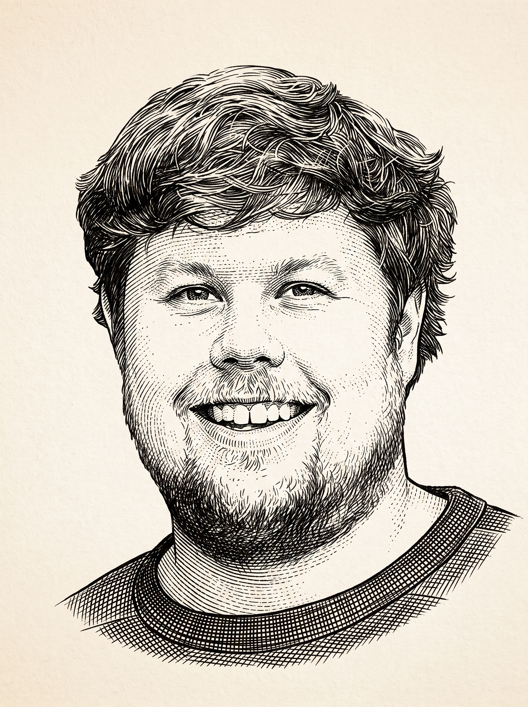 Engraved line-art portrait of Bo Ingram