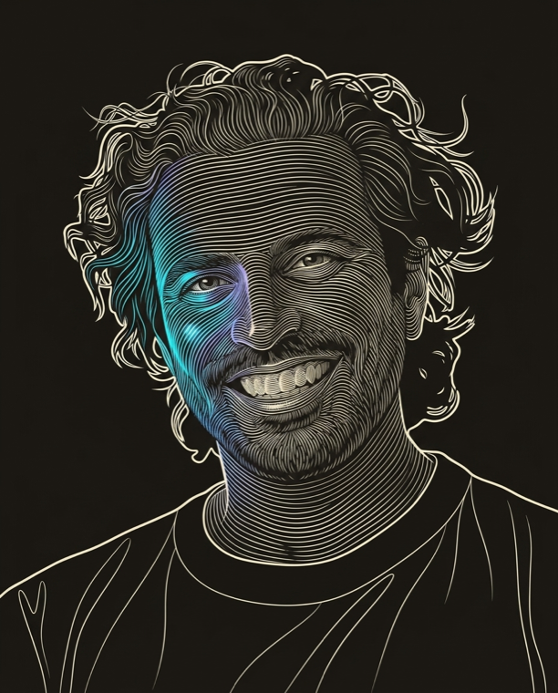 Cream line-engraving portrait of Daniel Conn, Co-Founder, graph8 and GTM Strategist.