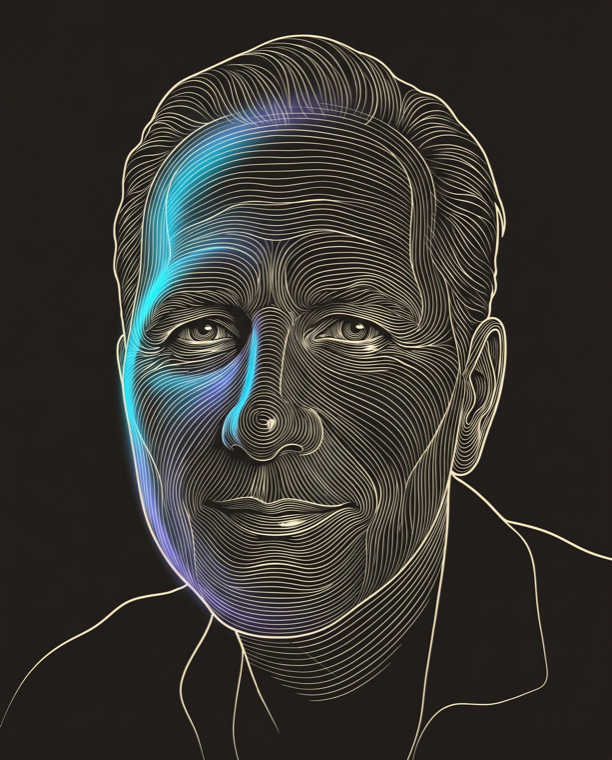 Cream line-engraving portrait of Thomas Cornelius, Founder & CEO, graph8.