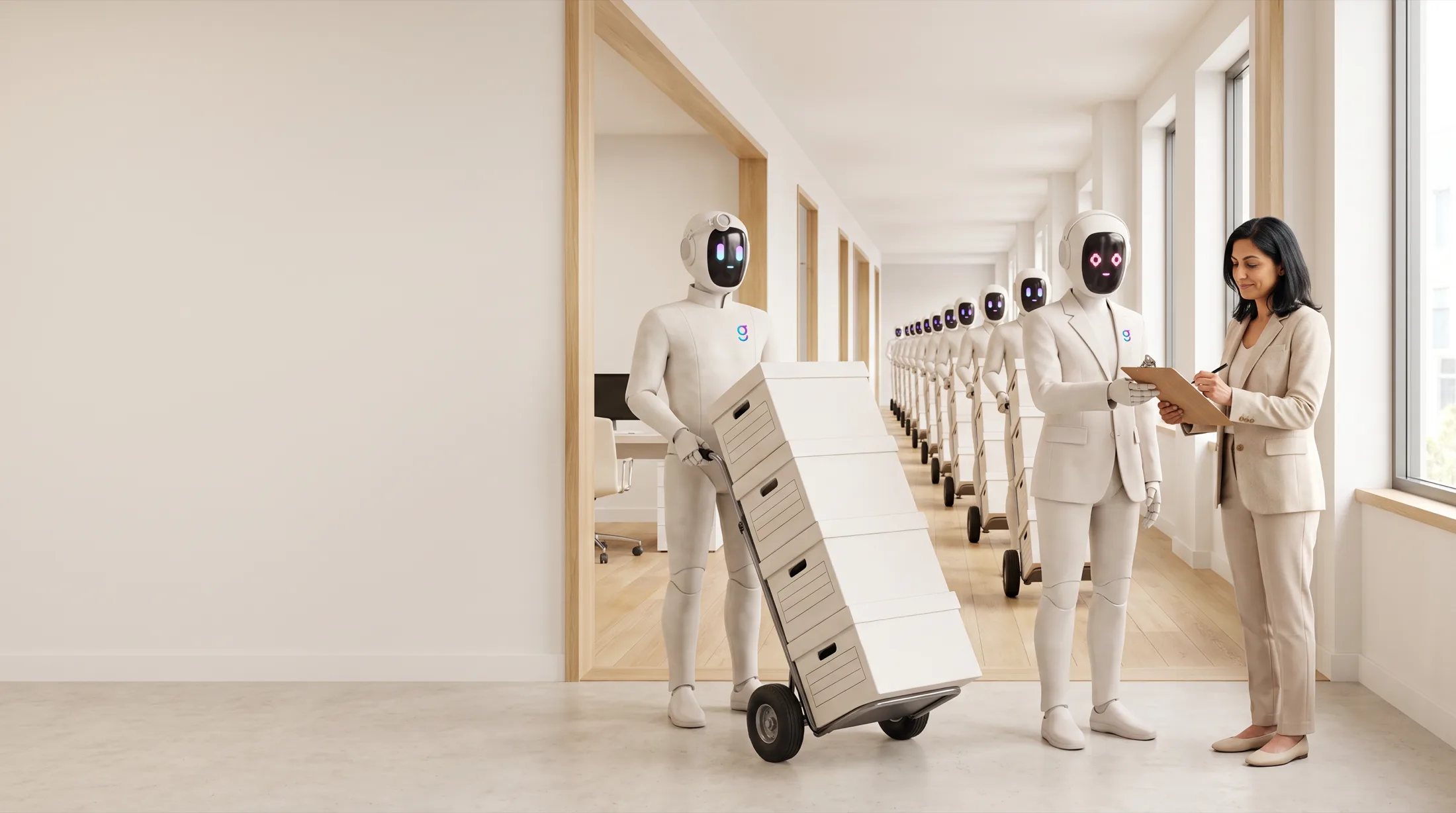 A graph8 agent wheels in a hand truck stacked with boxes while another holds a clipboard for a revenue leader to sign, and more deliveries queue down the hallway behind them.