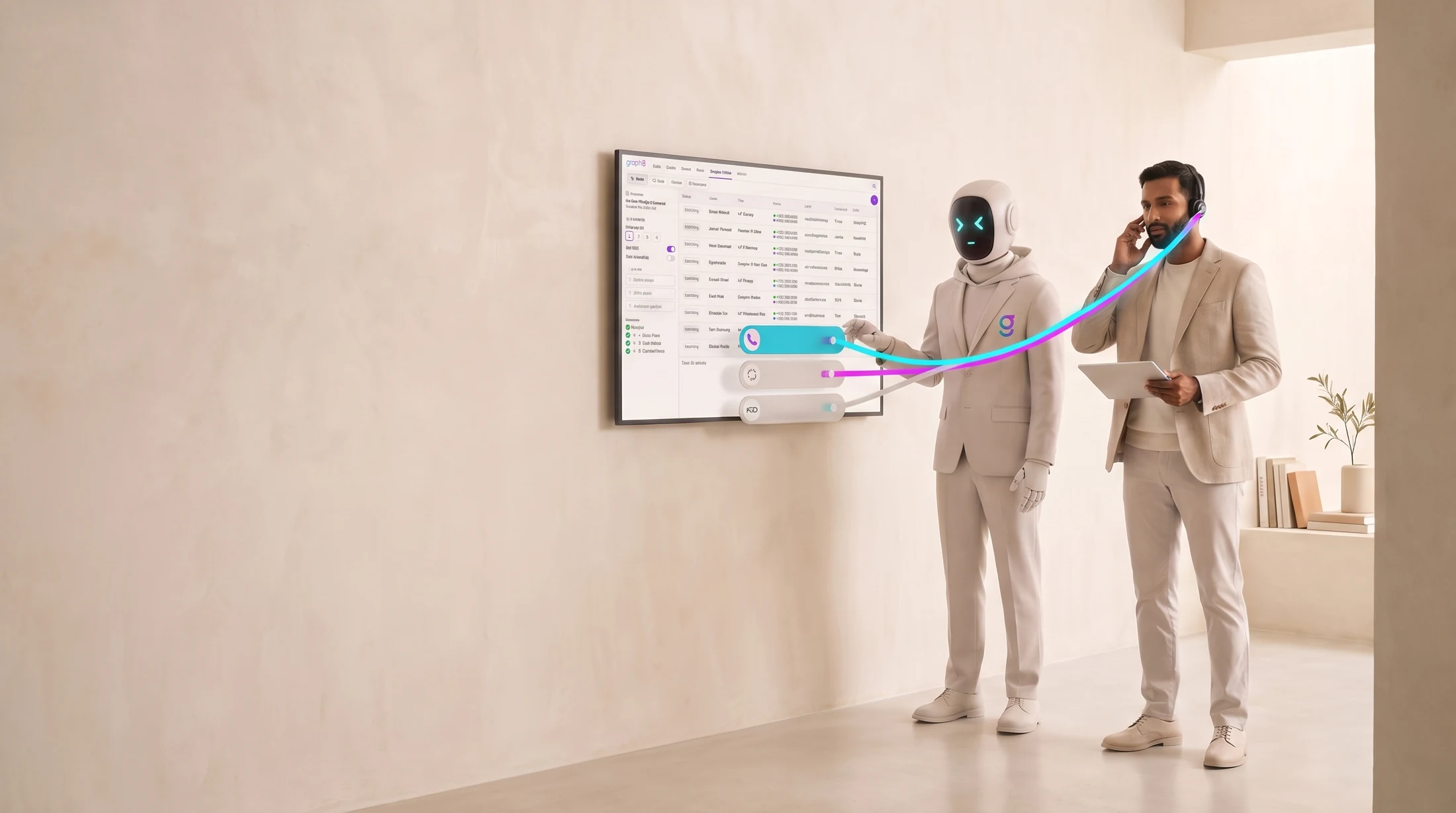 A rep on a live buyer call wearing a headset while a graph8 agent works the outbound lanes beside the dialer, one line lighting up into the connected call.