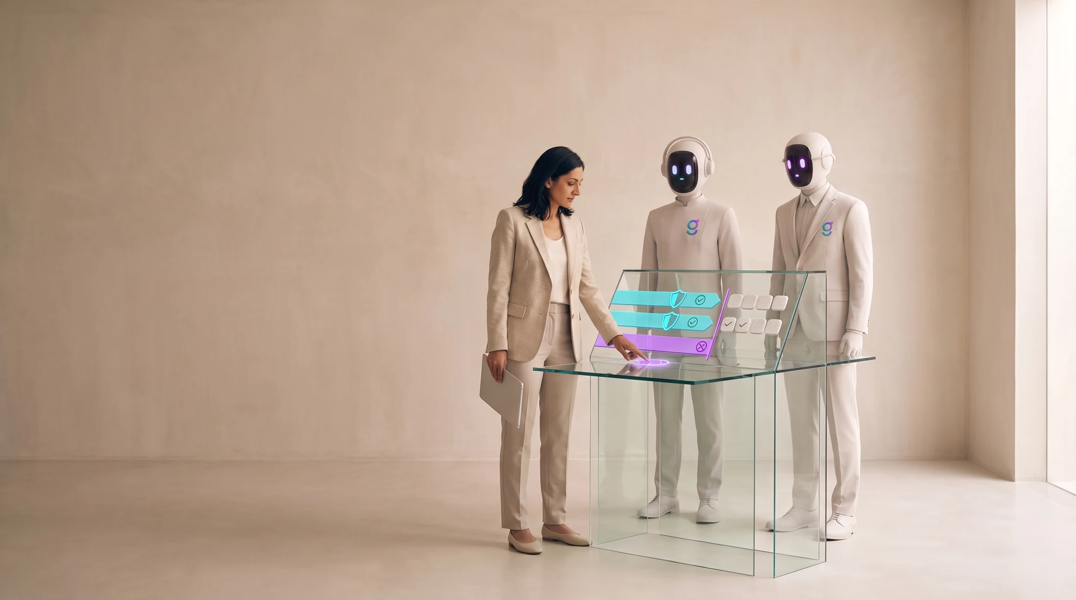 A revenue leader pressing an approval seal at a glass control station while graph8 agents run policy-gated lanes behind her, one lane held for human approval.