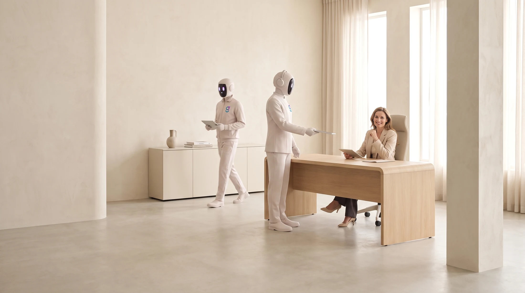 A sales manager seated at her desk in a daylit office while two graph8 agents work alongside her, one offering her a tablet across the desk.