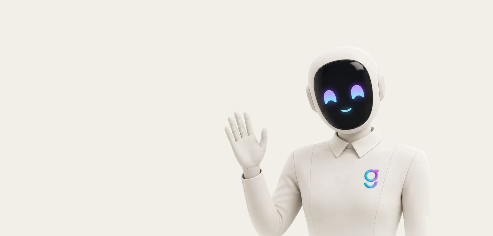 The graph8 Chief of Staff agent, a bone-white robot with the graph8 g on its chest, waving hello.
