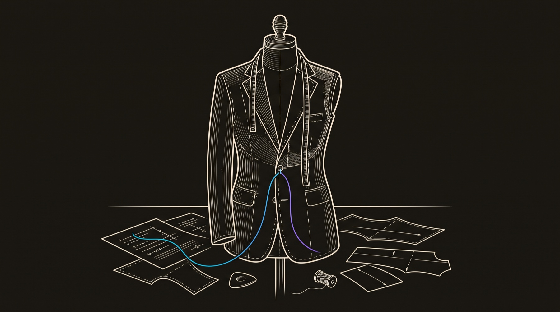 Line-engraving of a master tailor's dress form with a made-to-measure jacket half-cut on it, tape, chalk, and pattern pieces around it, one cyan-to-violet thread running from the buyer's measurements into the fitted seam: AI personalization is made-to-measure outreach, not off-the-rack templates.