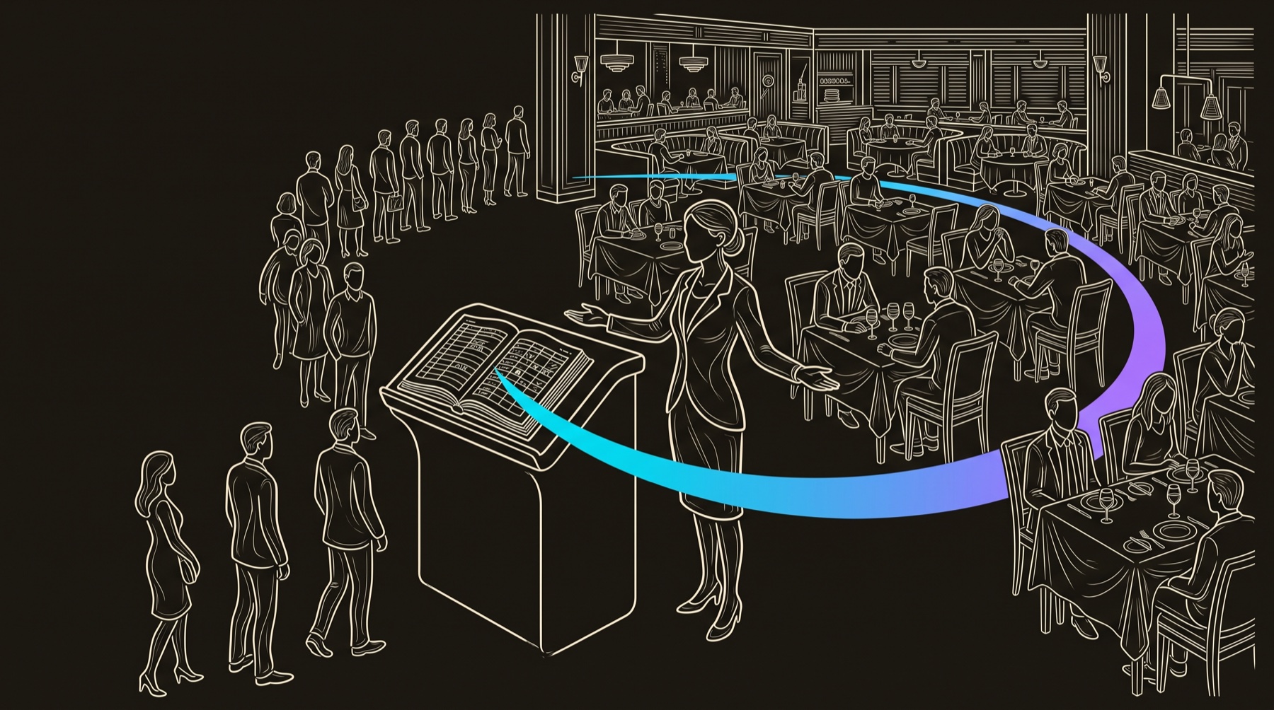 Line-engraving of a maitre d' at a host podium with one open reservation book, seating each arriving party at the next free table across a full floor plan, one cyan-to-violet path running from the single door to the chosen seat: round-robin scheduling as one link that routes every lead to the right open rep.