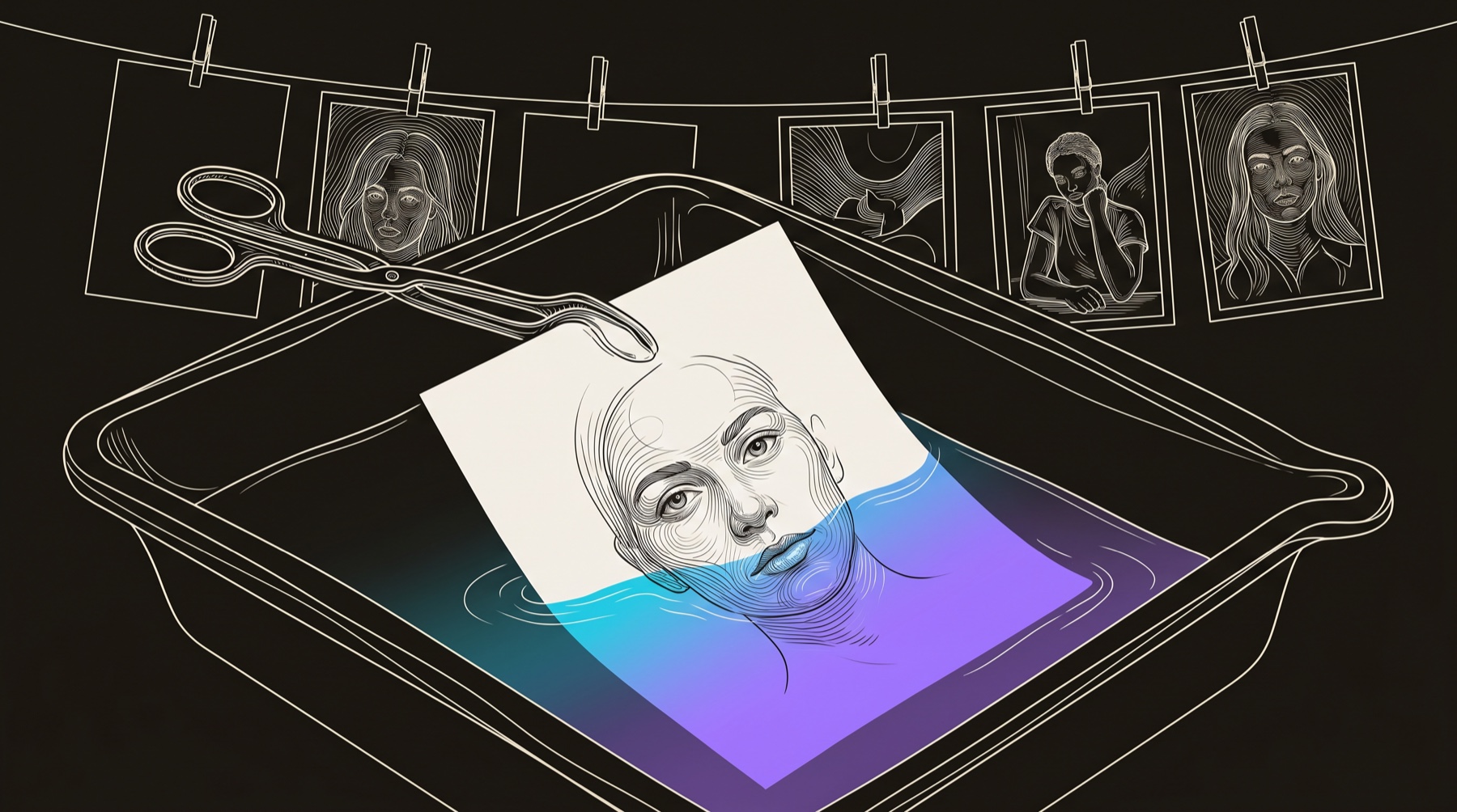 Line-engraving of a darkroom developing tray where a blank photographic print resolves into a recognizable face under a red safelight, one cyan-to-violet band of developer fluid washing the portrait into view: the anonymous website visitor developed into a named, known contact.