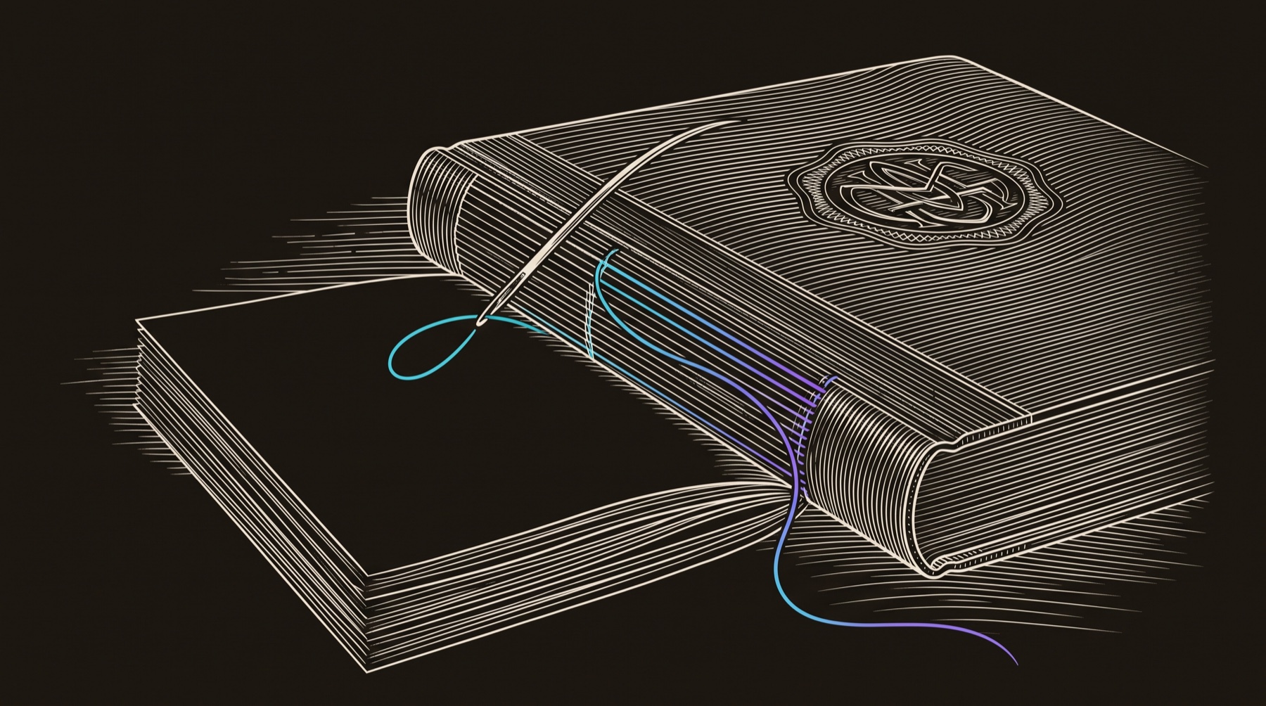 Line-engraving of a bookbinder's bench: a stack of loose unlabeled pages marked Anonymous being sewn along a single spine into one bound ledger, a needle drawing one cyan-to-violet thread down the seam and a name embossed on the cover: every anonymous session stitched onto the named record.
