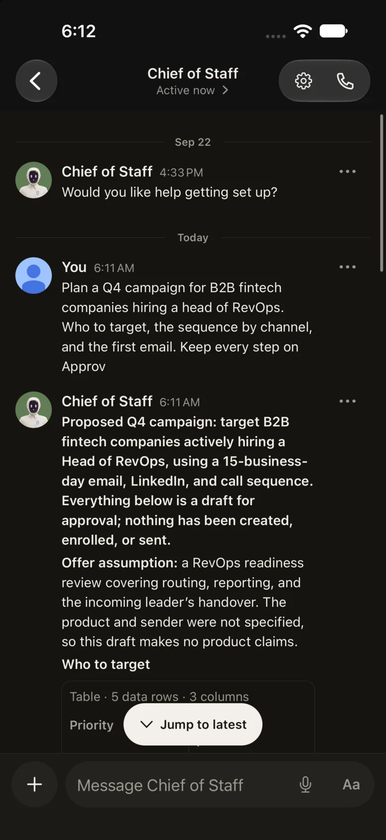 The graph8 Work iPhone app in dark mode: a chat with the Chief of Staff agent, which proposes a Q4 campaign as a draft for approval, with nothing created or sent.