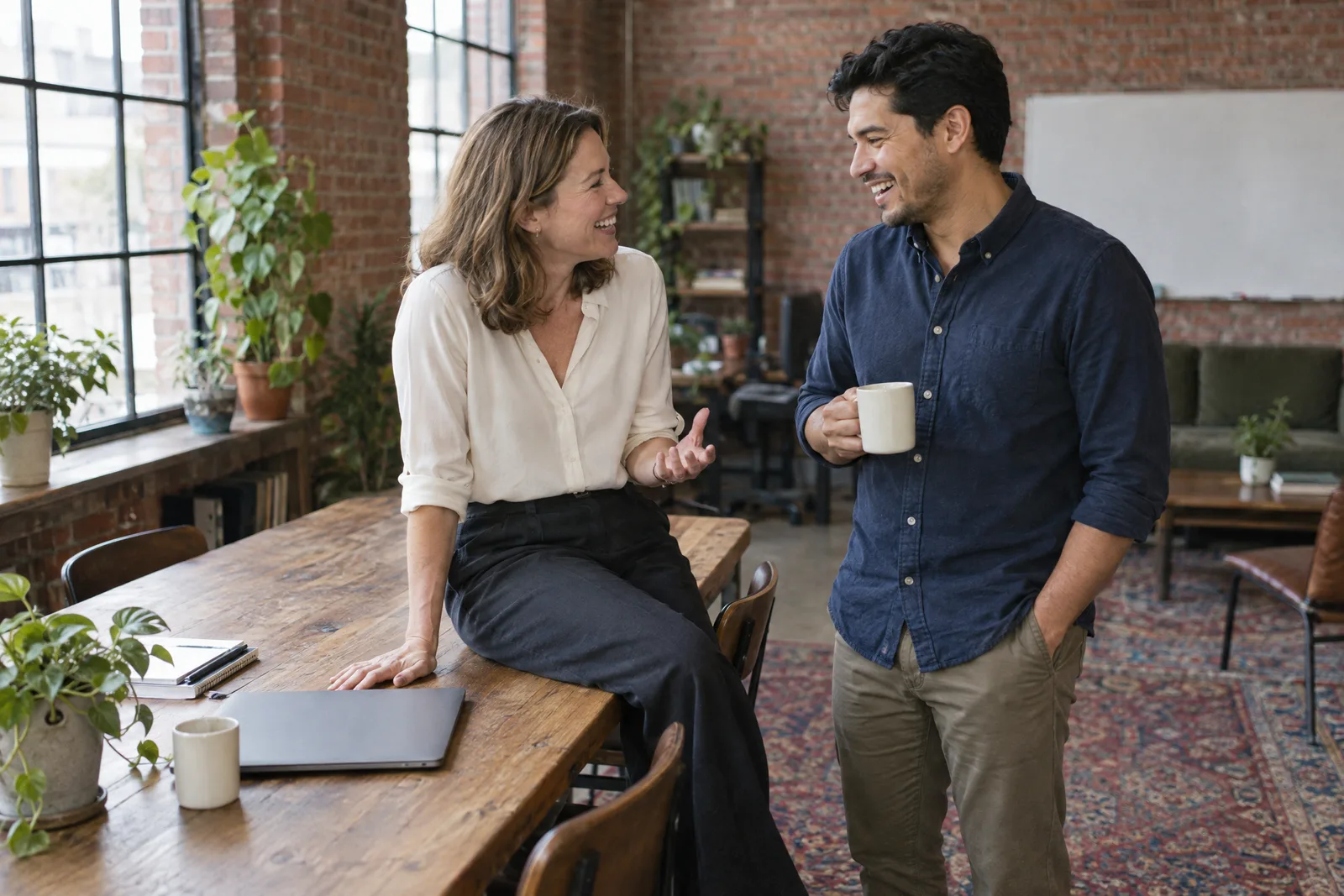 In a brick warehouse office, an agency founder sits on the edge of a long table, laughing with a colleague who holds a coffee mug