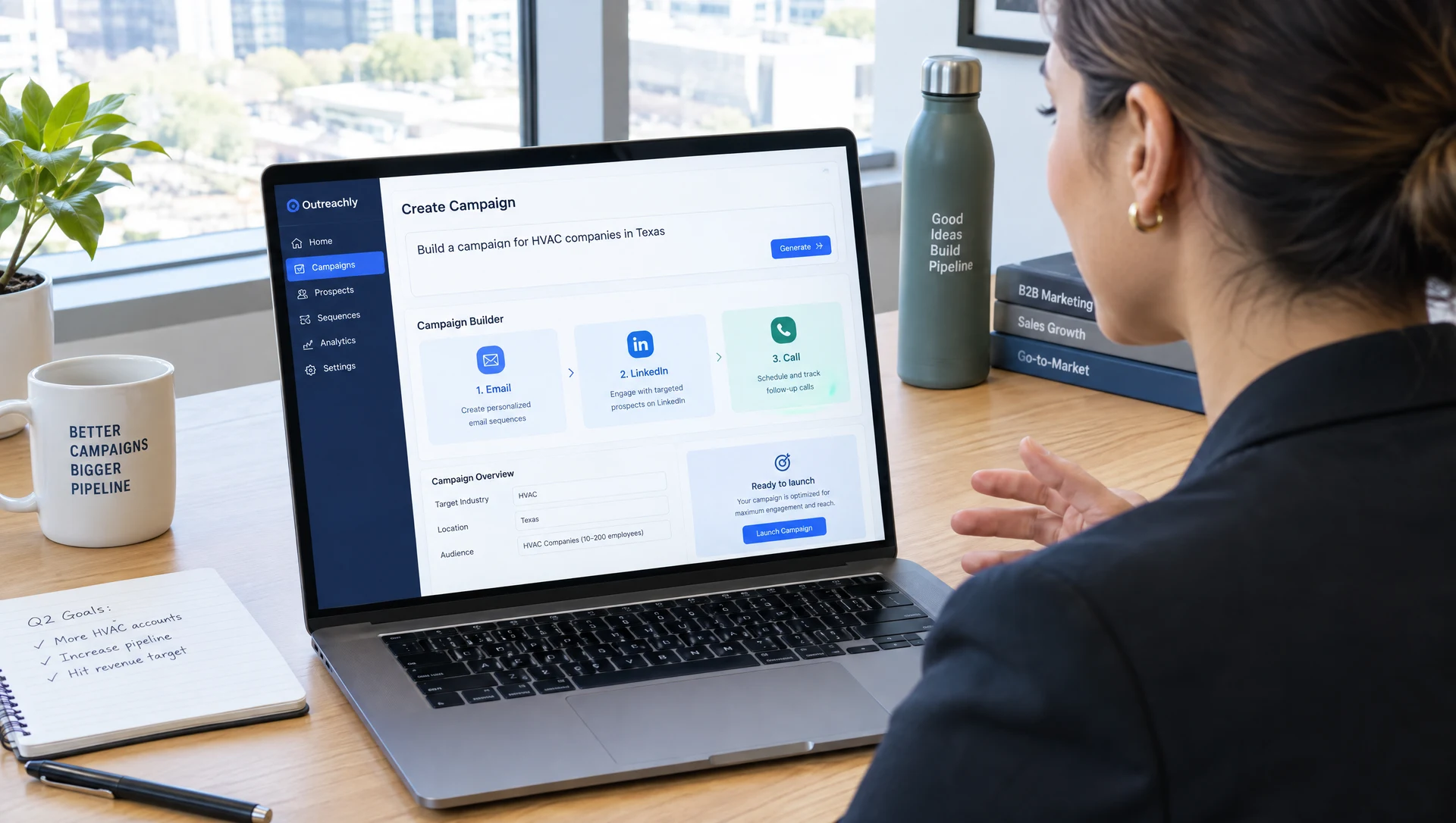 A campaign manager at her desk talking to her laptop, which shows a campaign builder with email, LinkedIn, and call steps