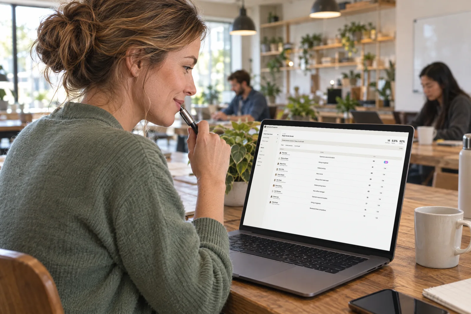 Seen over her shoulder, a campaign manager smiles as she reads a prospect list on her laptop at a coworking table
