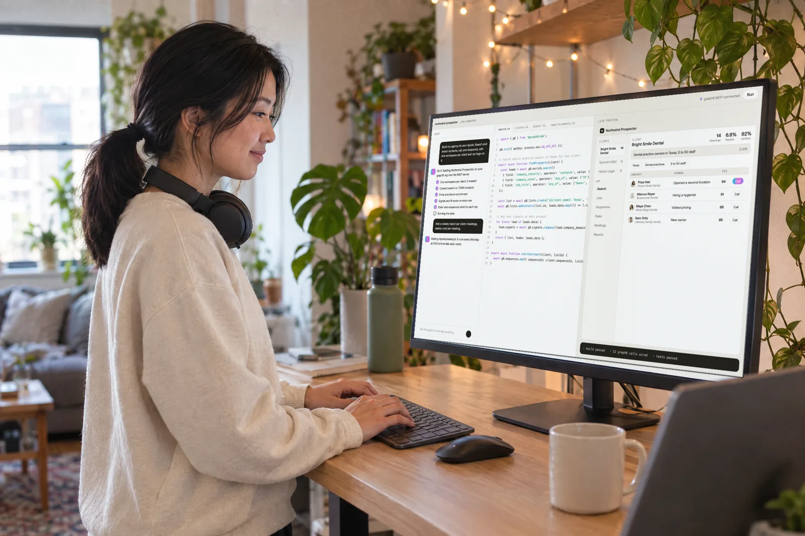 A GTM engineer types at a standing desk in a plant filled apartment, her monitor showing the app she is building with the graph8 SDK