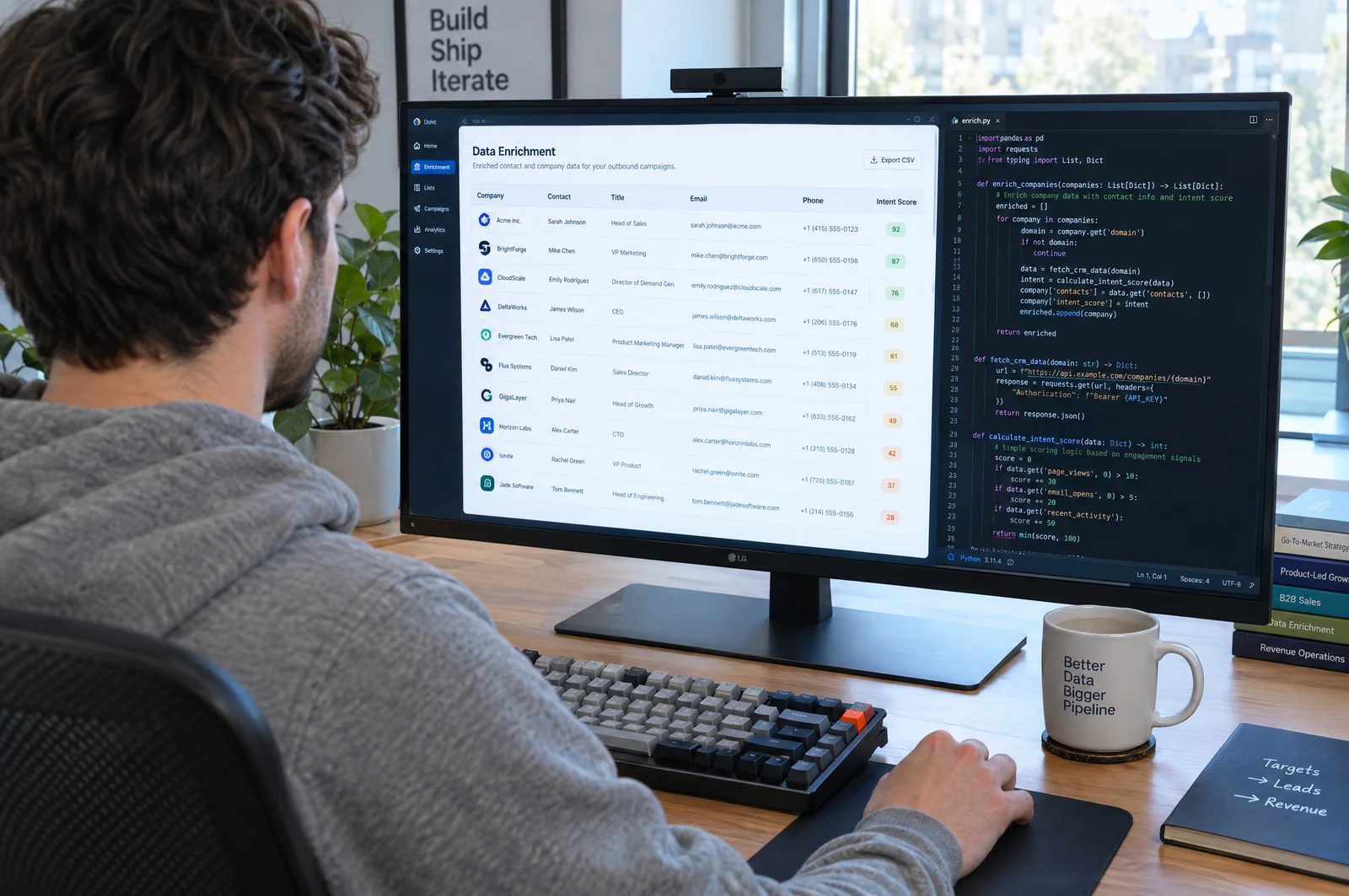 A GTM engineer at his desk with a data enrichment table and code on his monitor