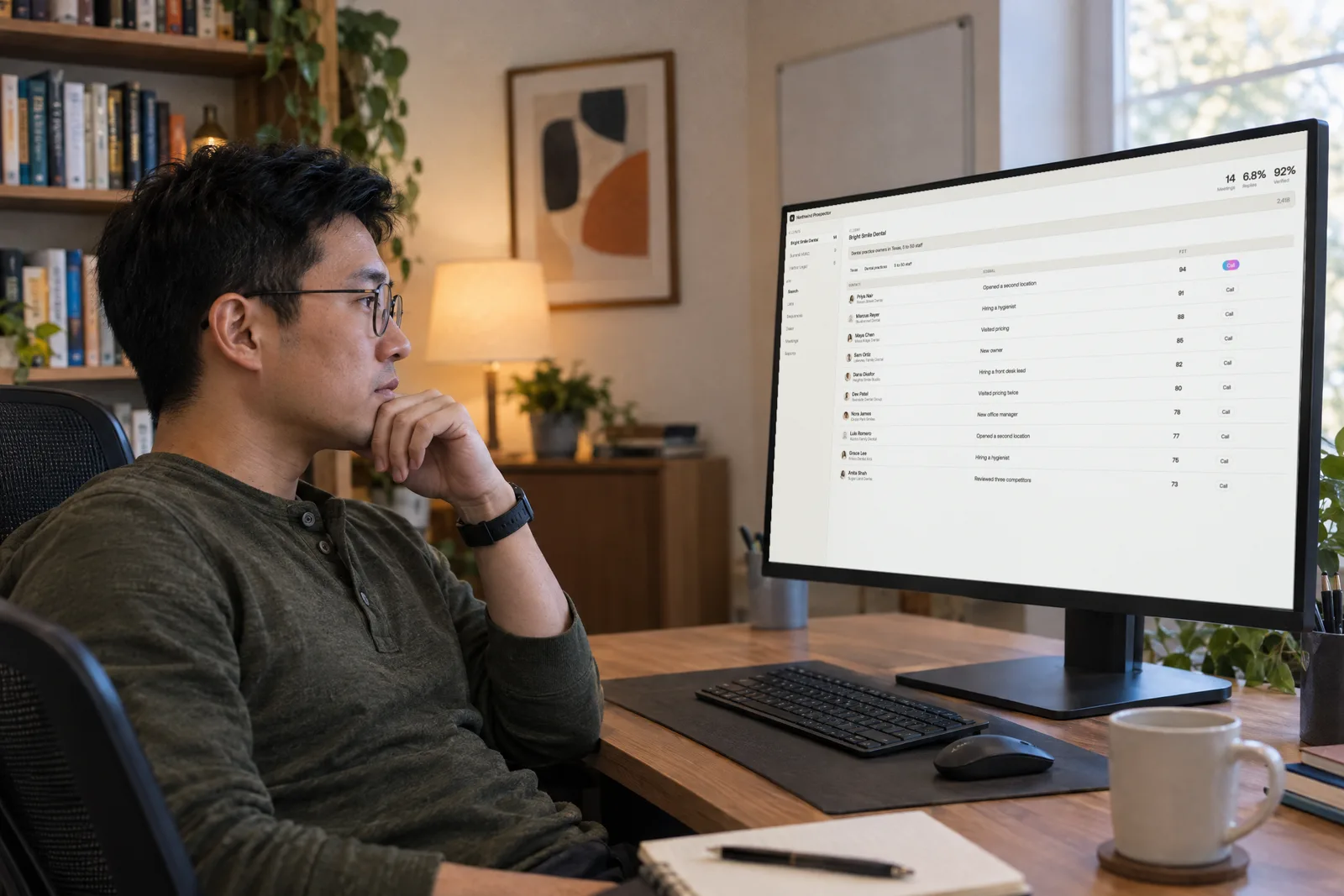 A RevOps analyst sits back with his chin on his hand, studying contacts and fit scores on the monitor beside him in a home office