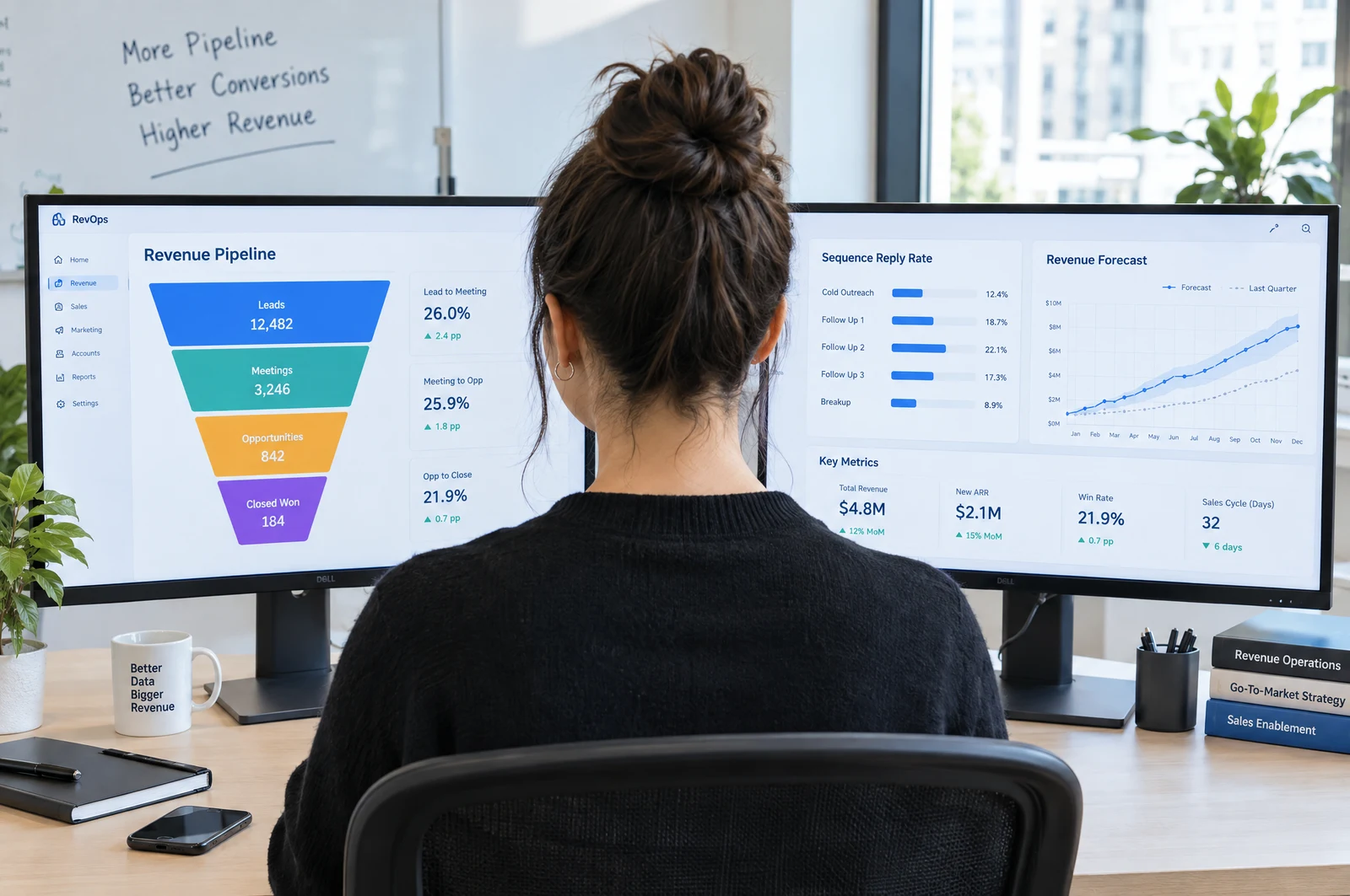 A RevOps analyst at two monitors showing a revenue funnel, reply rates, and a forecast