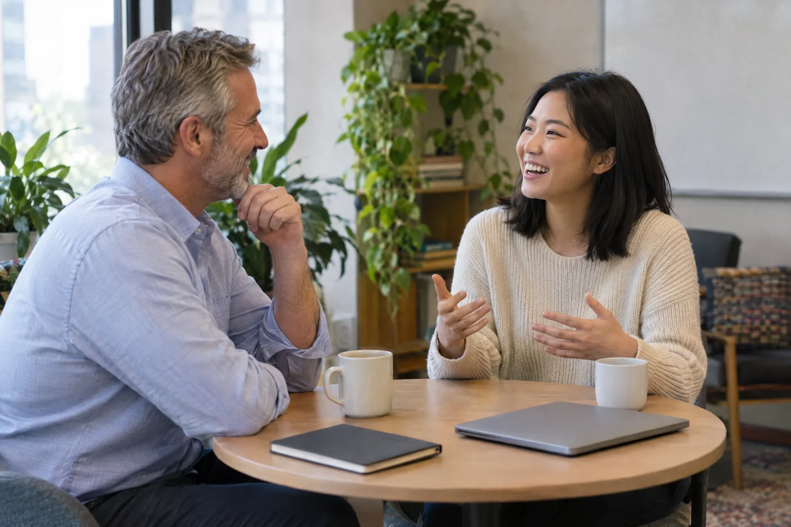 A sales leader listens with his chin on his hand as a rep laughs and tells him about a call across a small round table