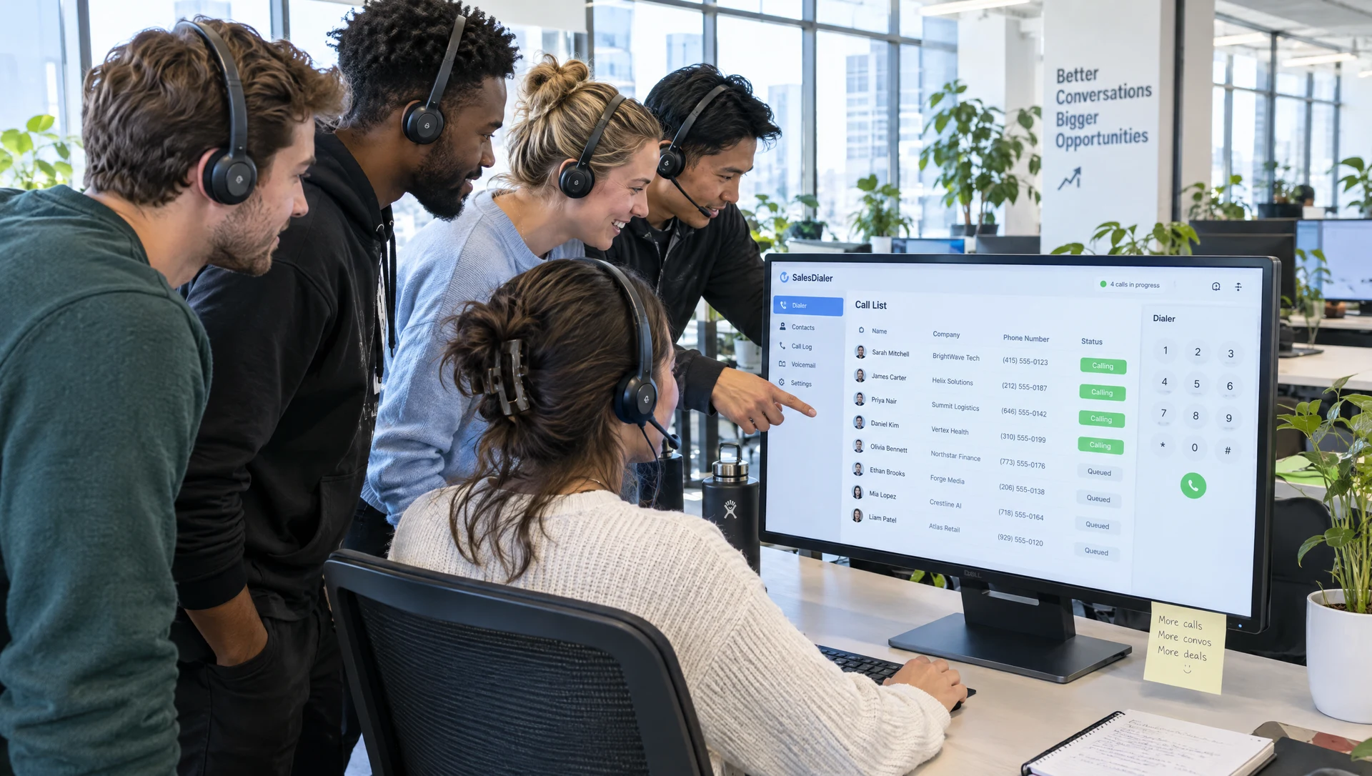 An SDR team in headsets gathered behind one rep, looking at a dialer call list on her monitor