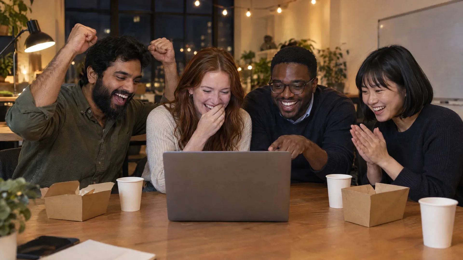 At night under string lights, four teammates celebrate around a laptop: one throws his fists up, one laughs, one grins, one claps