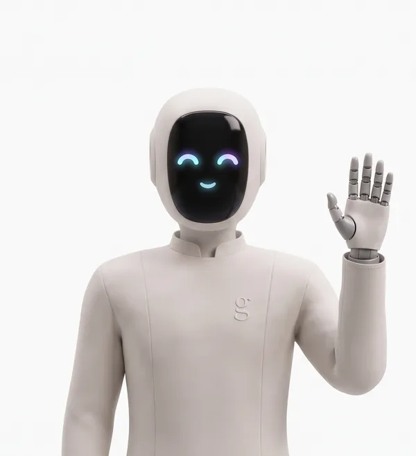 The graph8 robot waving, the g stitched on its chest