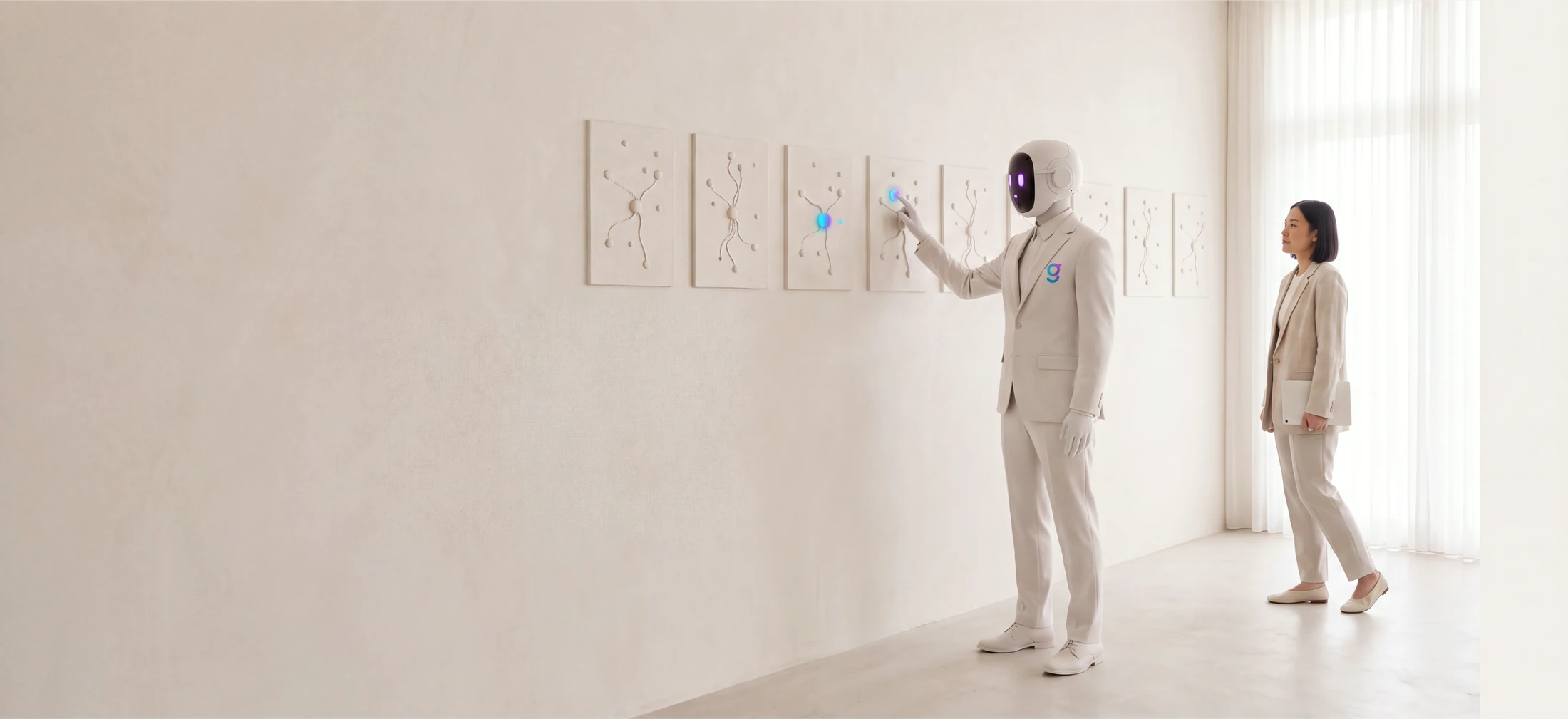 A graph8 agent lighting up one client panel in a row of separate client graphs while an agency lead watches from across the daylit floor.