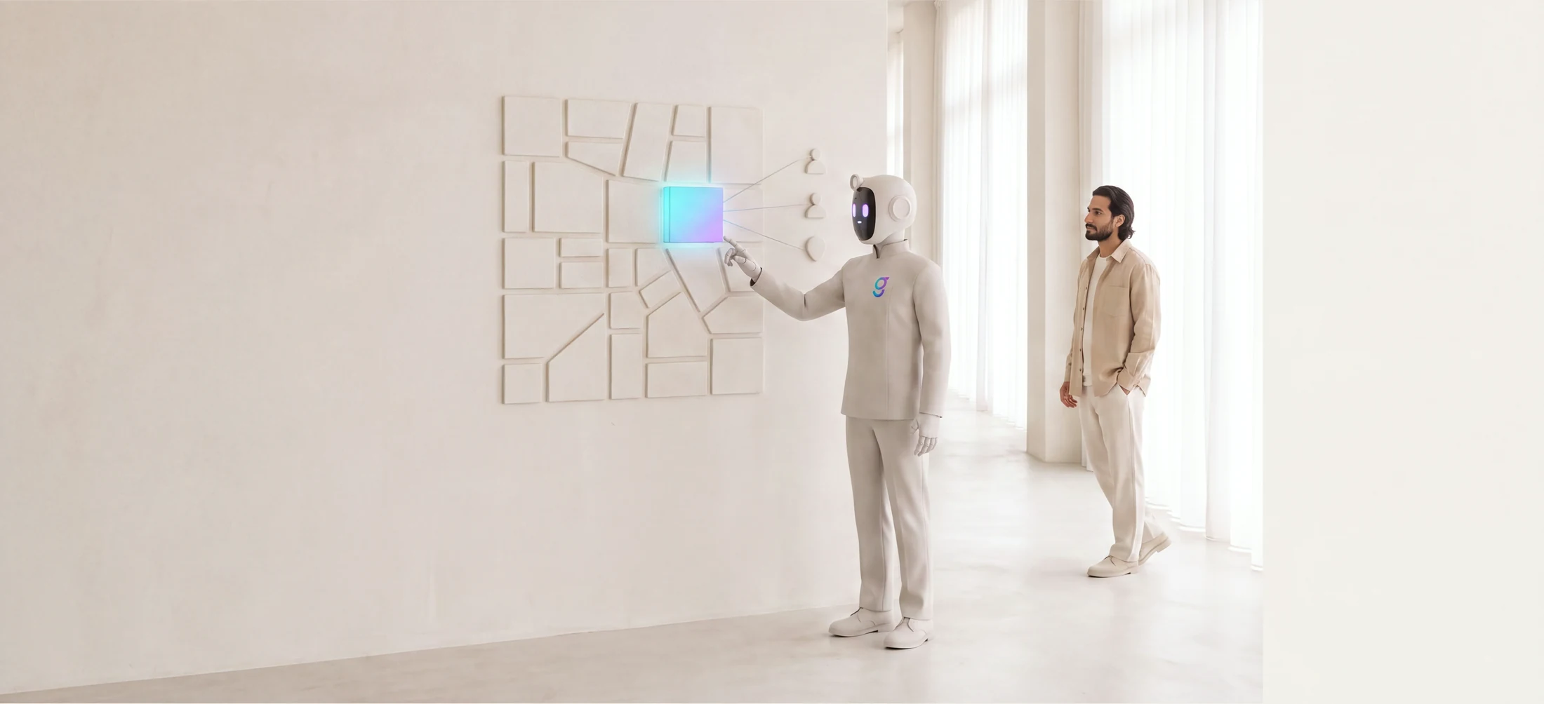 A graph8 agent lighting one district in a territory map on the wall, threads running out to the account owners, while a services firm seller looks on.
