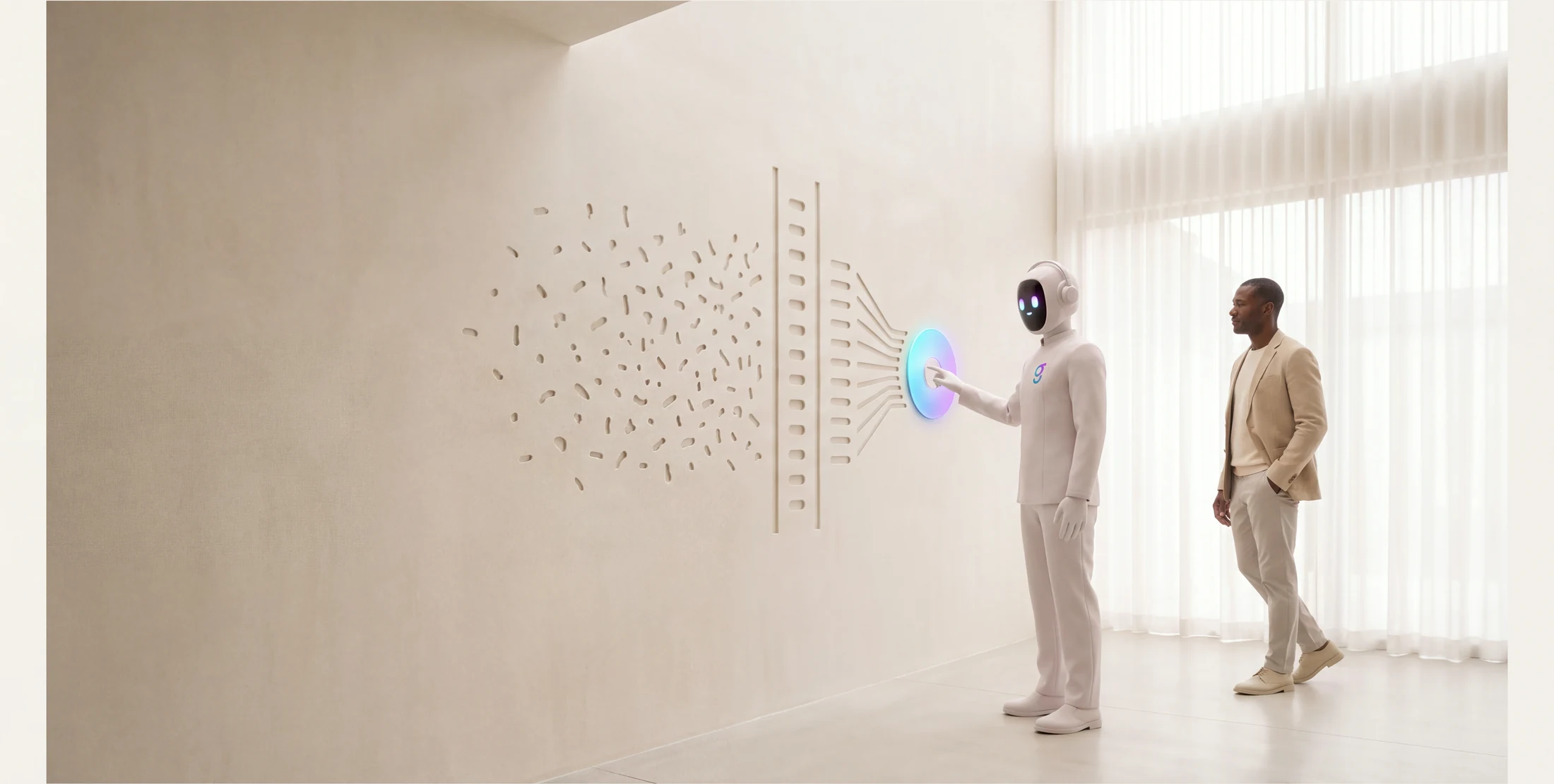 A graph8 agent at a compliance gate on the wall, unsorted records on one side and sealed orderly lanes on the other, with a fintech sales leader standing by.