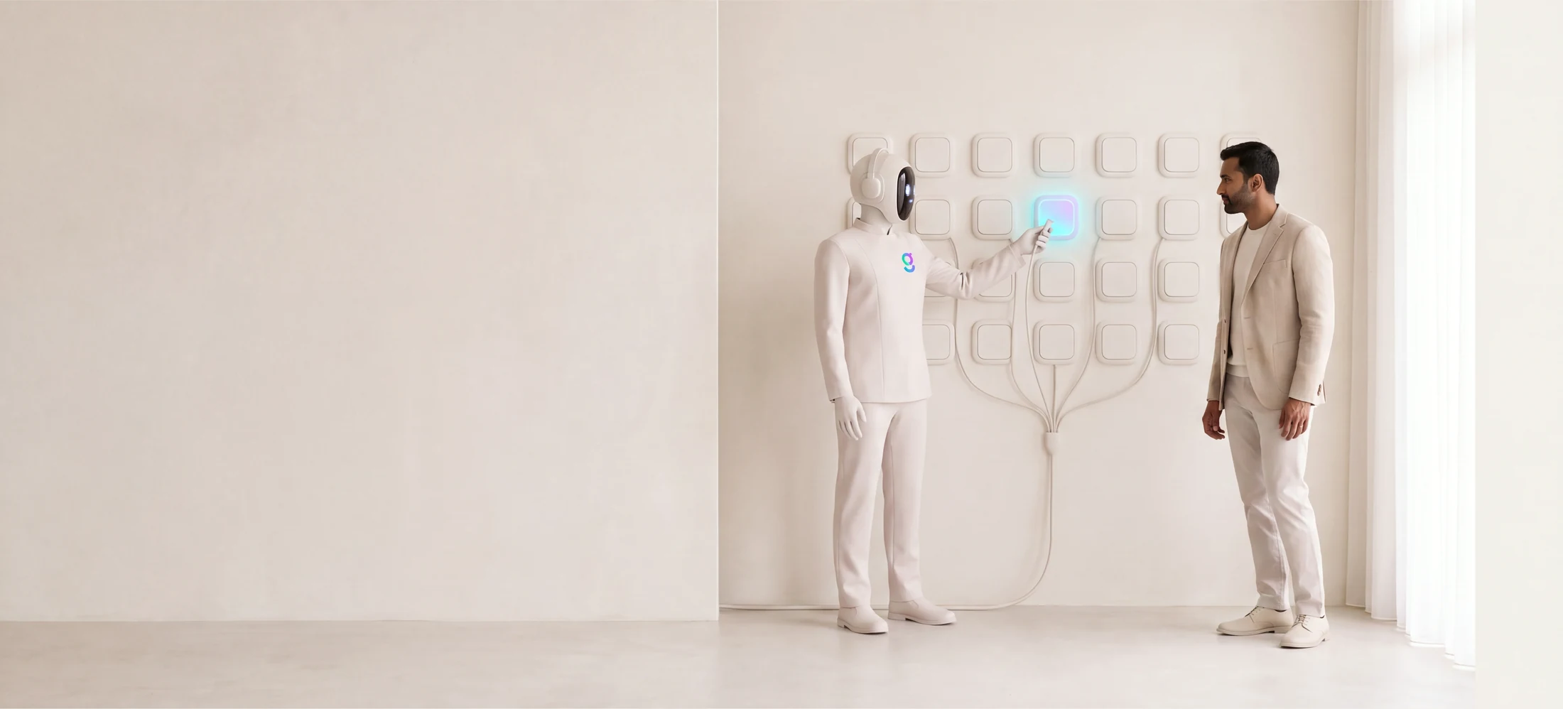A ring of tool icons carved into the wall, every one cabled inward to a single lit port where the graph8 agent stands, with trigger lines running onward.