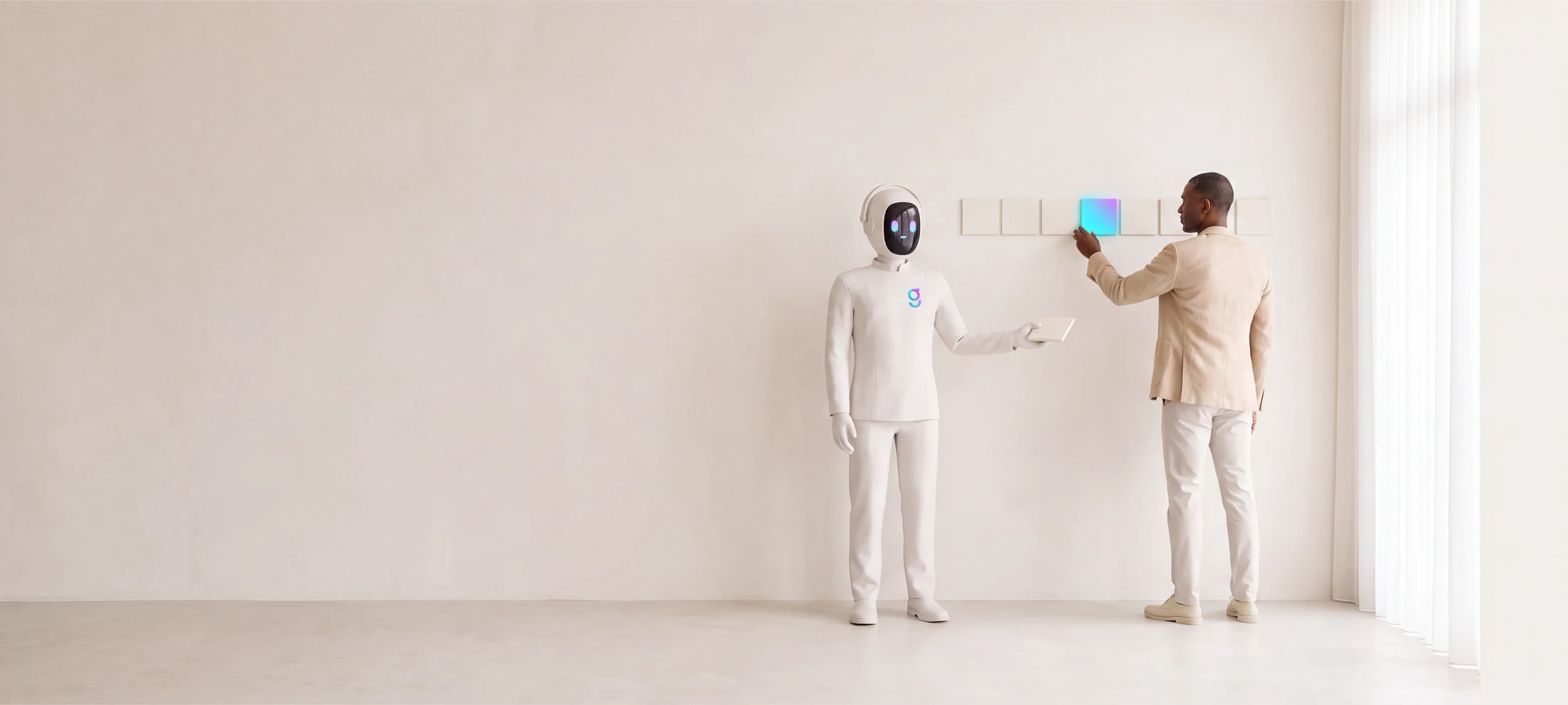 The same man at the same wall, touching one lit card, with a single bone-white agent beside him holding a tablet.