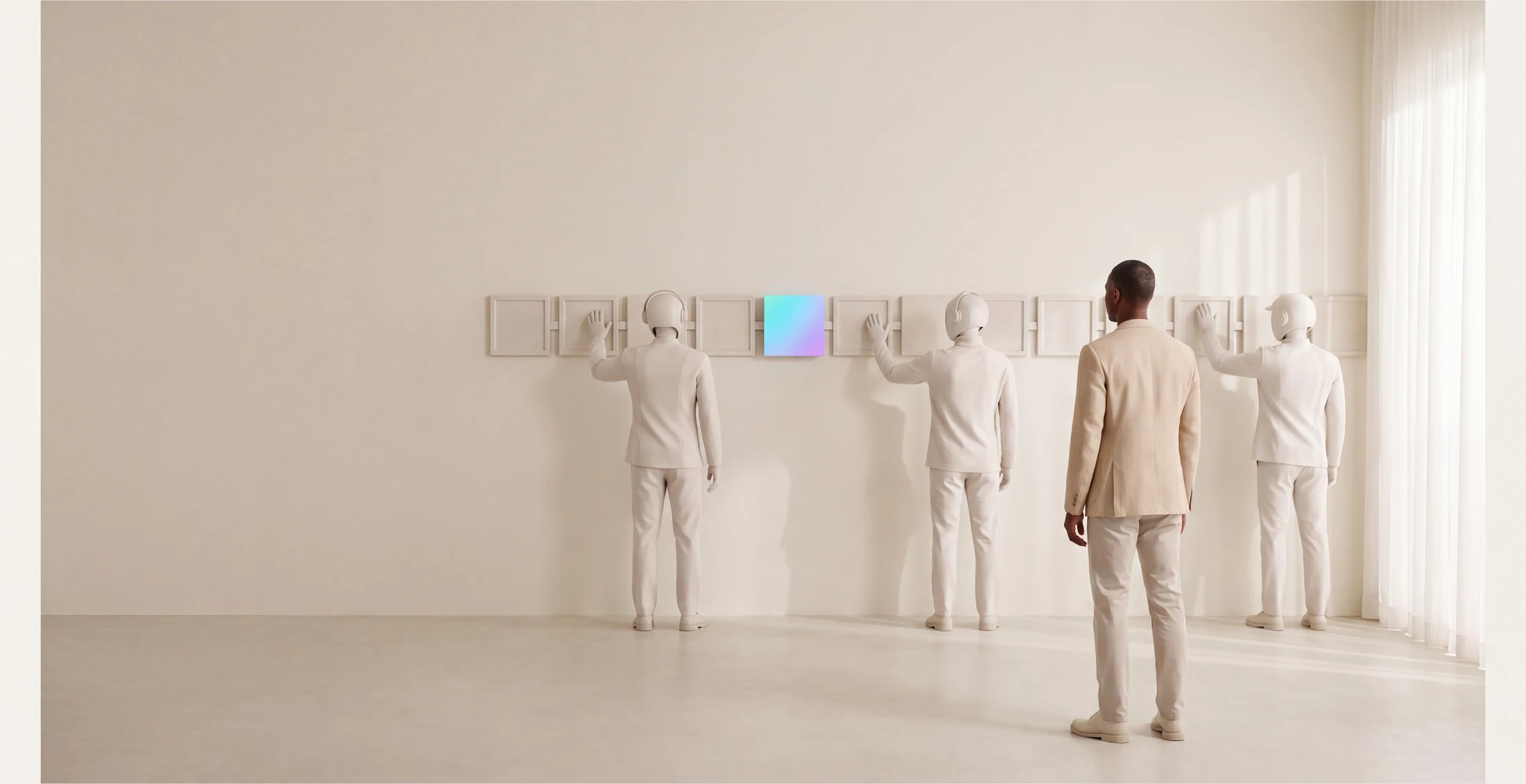 The same man standing back with his hands down while three bone-white agents work along the wall of cards.