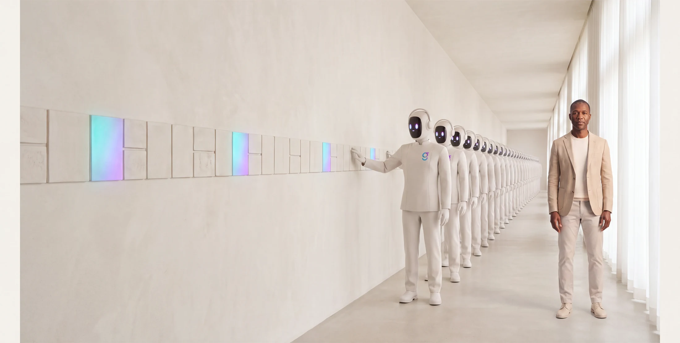 The same man in a long corridor beside a receding line of bone-white agents working a lit wall of cards.