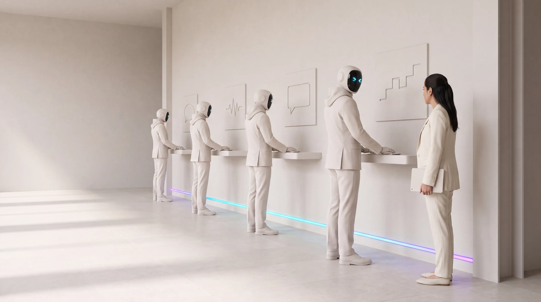 Four graph8 agents at four apps along one wall, joined by a single line that runs the length of the room to the rep who takes the call.