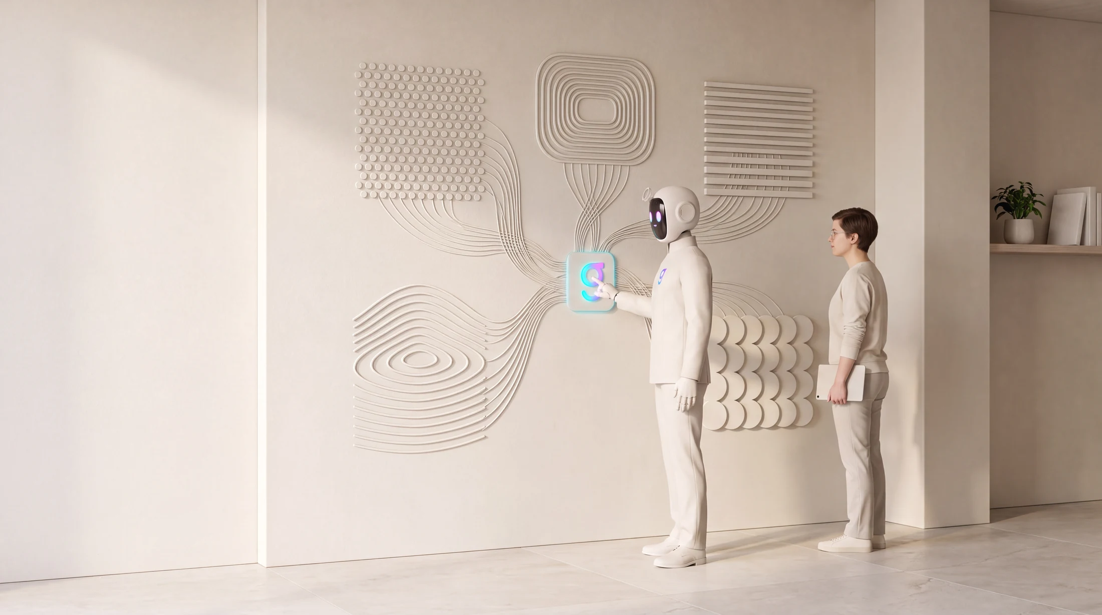 A graph8 agent at a wall of buyer records with one record lit, while a colleague looks on in a daylit office.