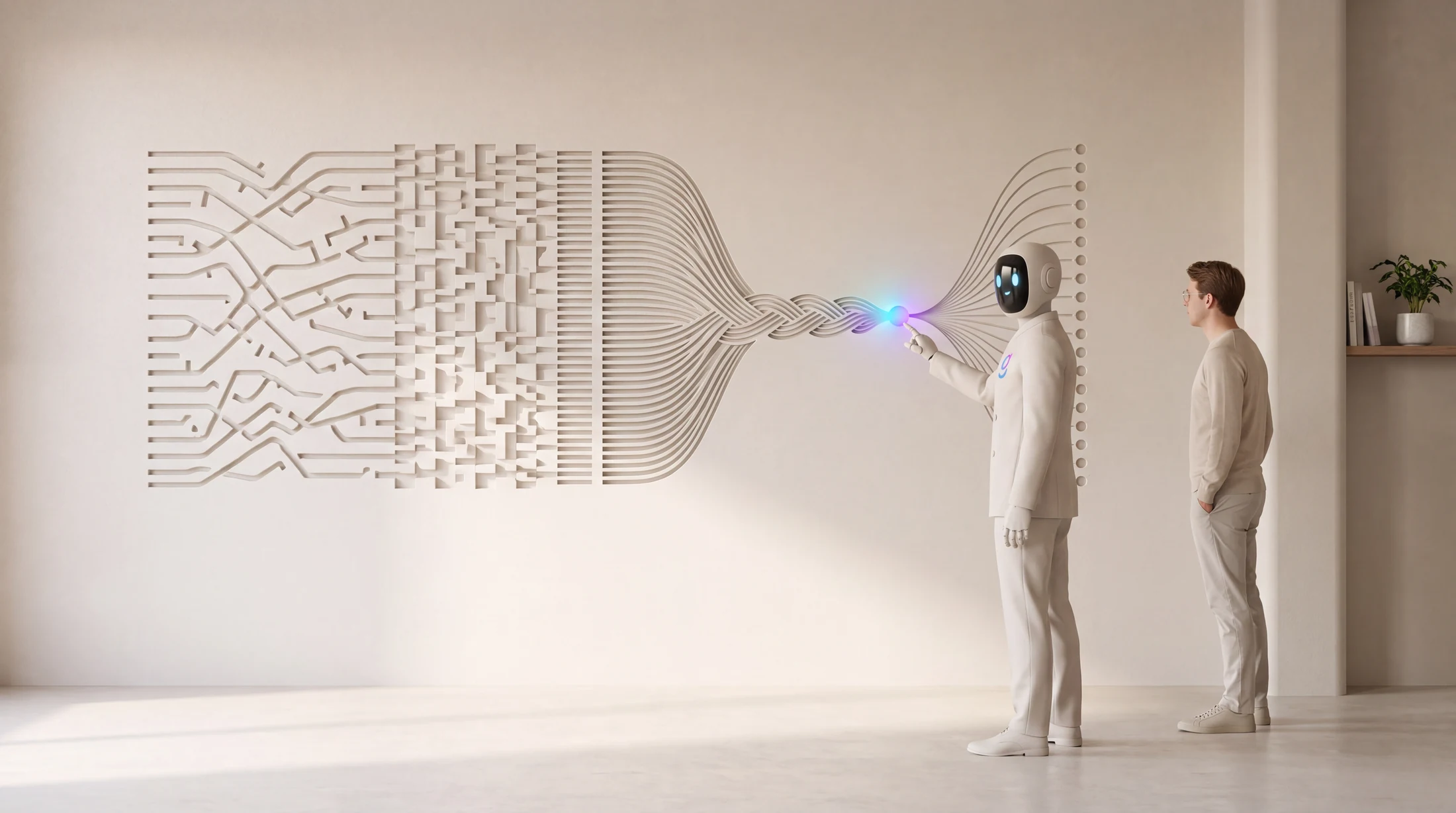 Events entering as tangled channels, passing through transforms and a schema comb, then braiding into one resolved buyer record while a marketing ops lead reads the flow.