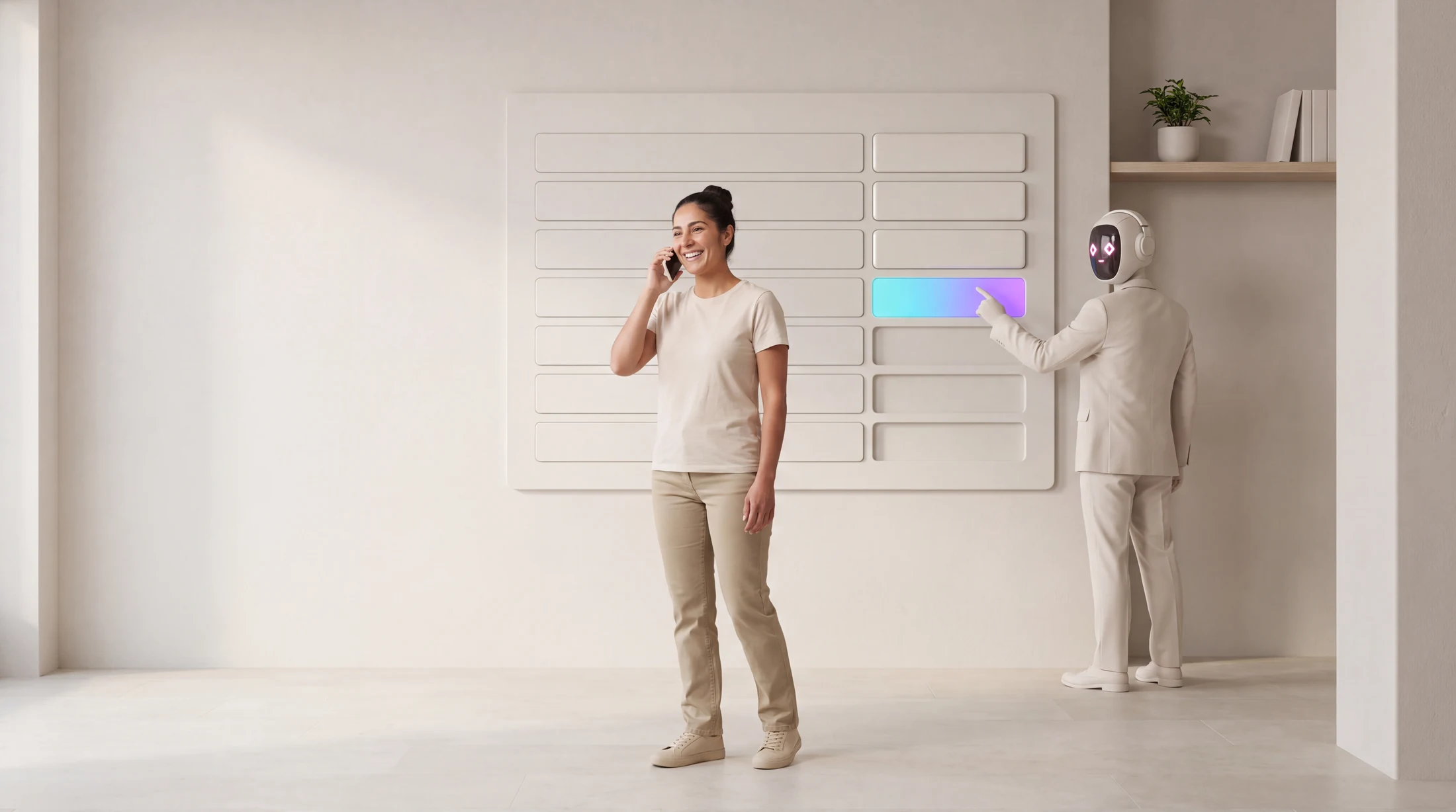 A rep deep in a phone call, turned away from the wall, while the graph8 agent quietly writes the next row of the record behind her.