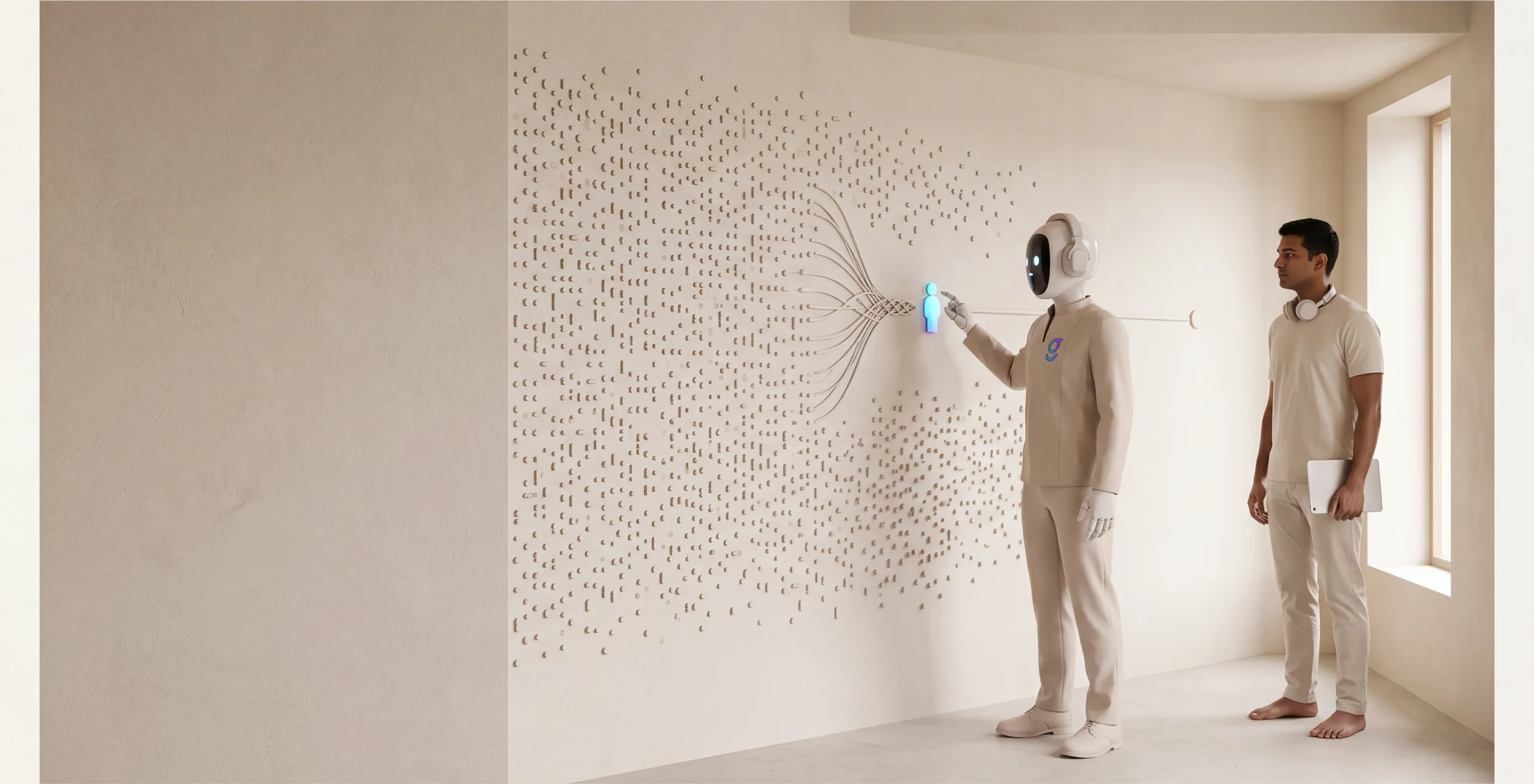 A vast drift of tiny signal marks across the wall resolving into ordered threads that converge on one lit person, with a line running onward to a launch.