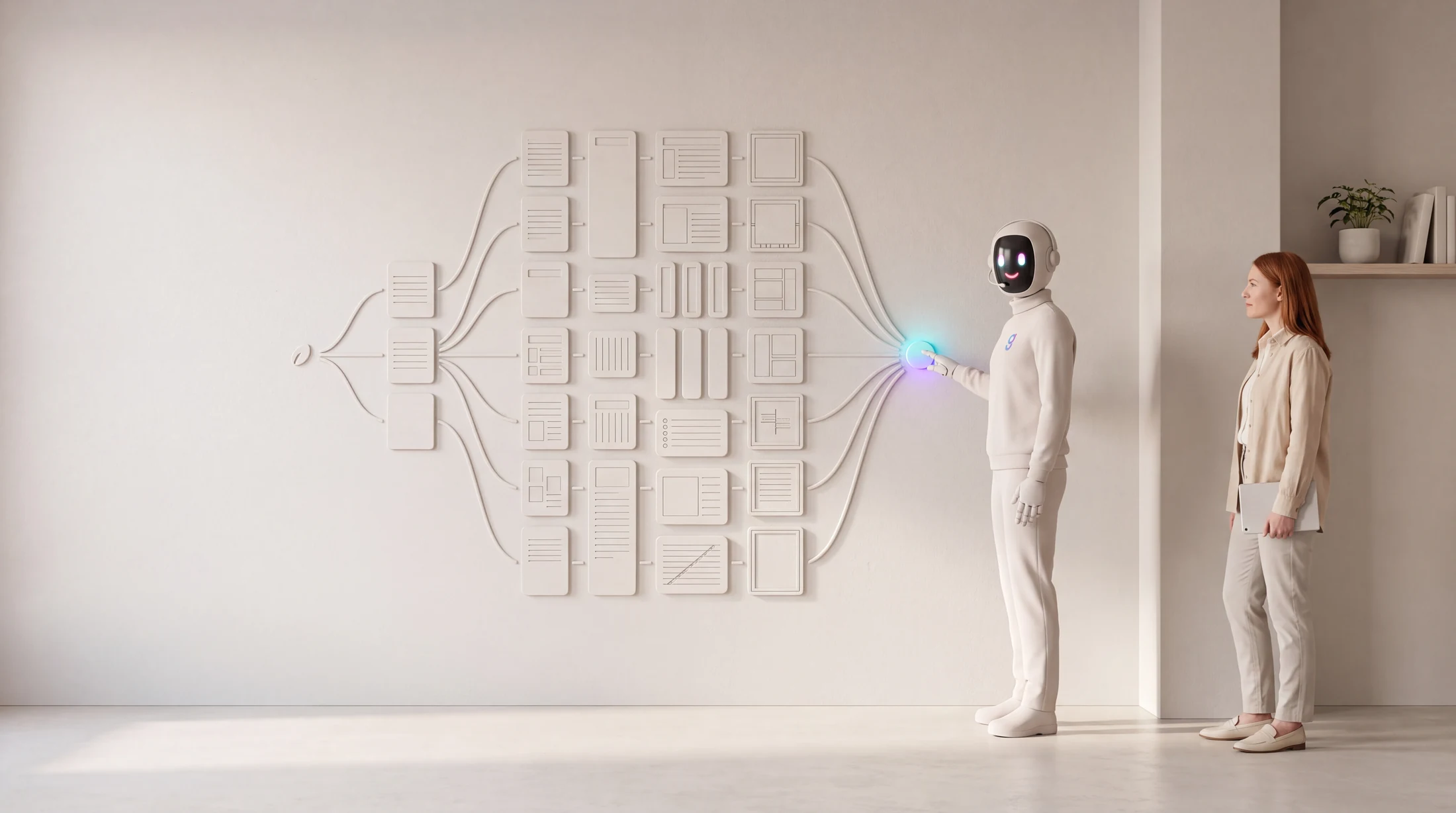One seed branching into strategy blocks and then into a wall of finished campaign deliverables, gathered by the graph8 agent into a single launch, while a demand generation manager watches.