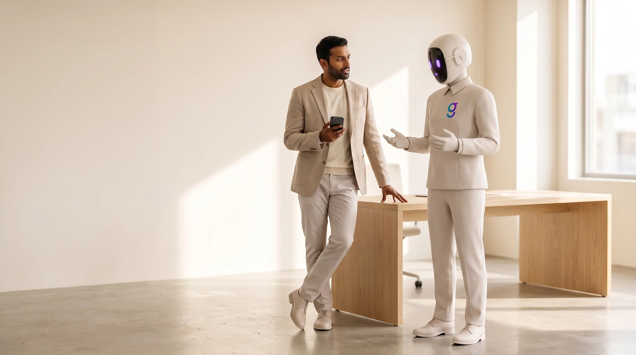 An account executive in a daylit office, phone in hand, mid-conversation with a graph8 agent standing beside his desk.