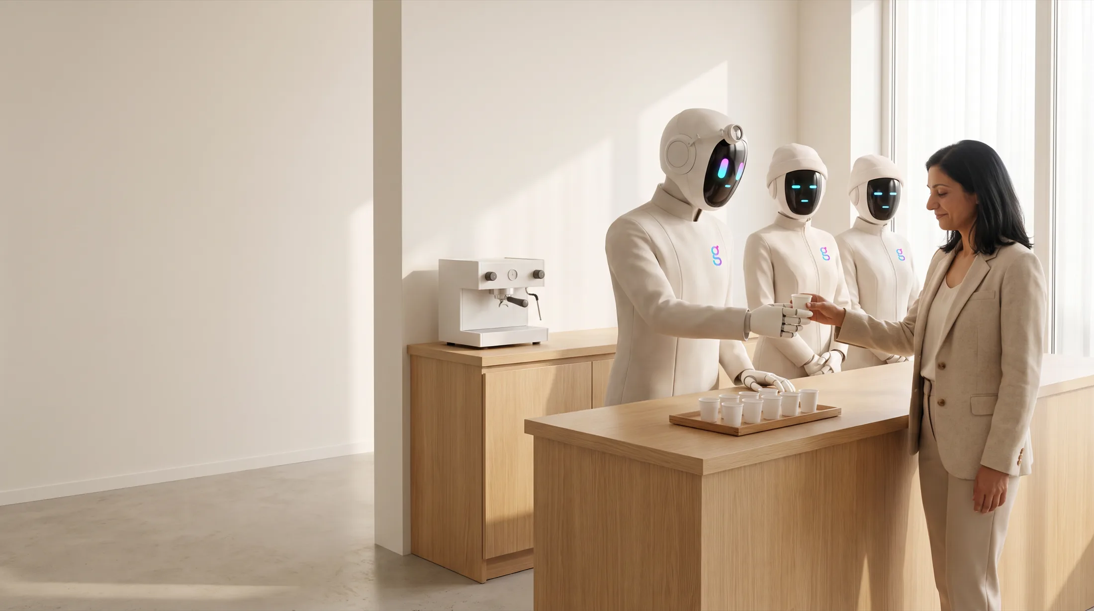 In a bright office, the Chief of Staff agent stands behind an oak cafe counter and hands a revenue leader a small free sample cup, while two more graph8 agents wait behind it.